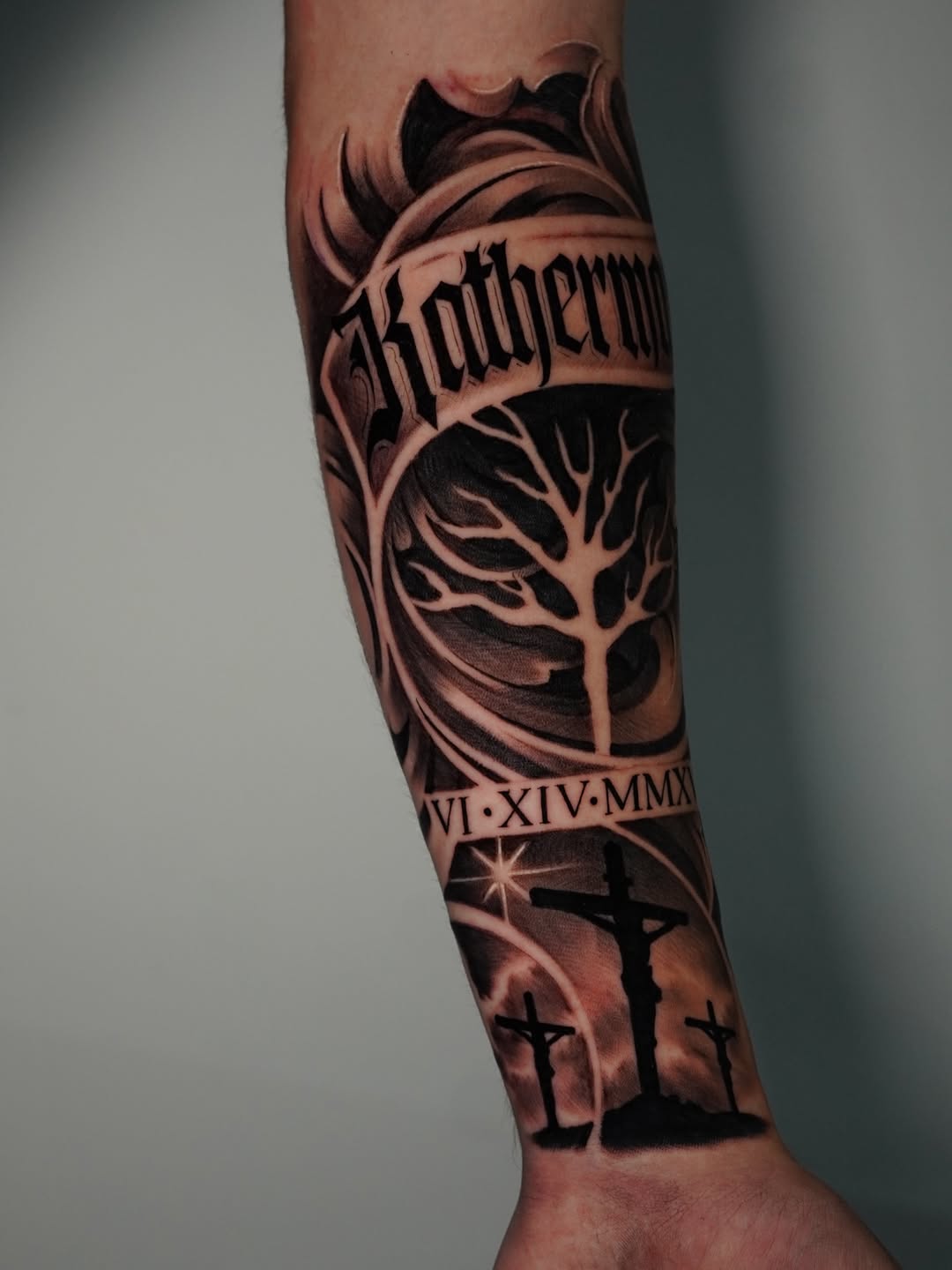 Tattoo by @jessem_tattoos — lettering_script, black_and_grey