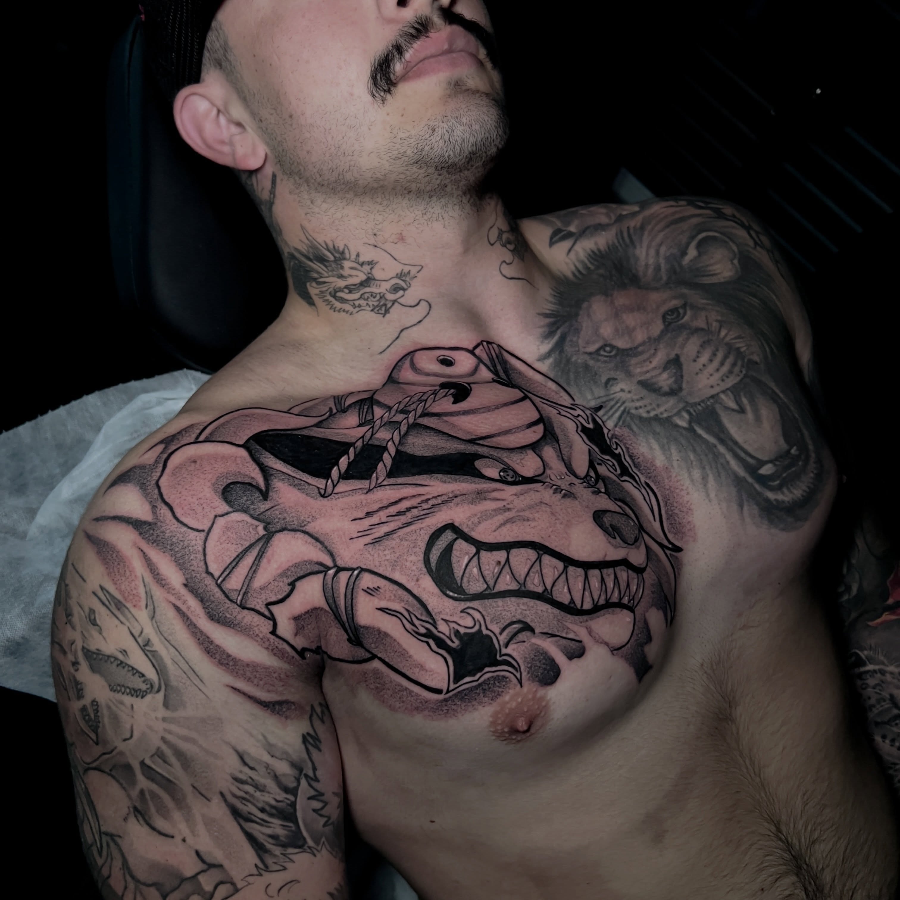 Bulldog black and grey tattoo on the chest by David Carras-pol, Miramar, Florida