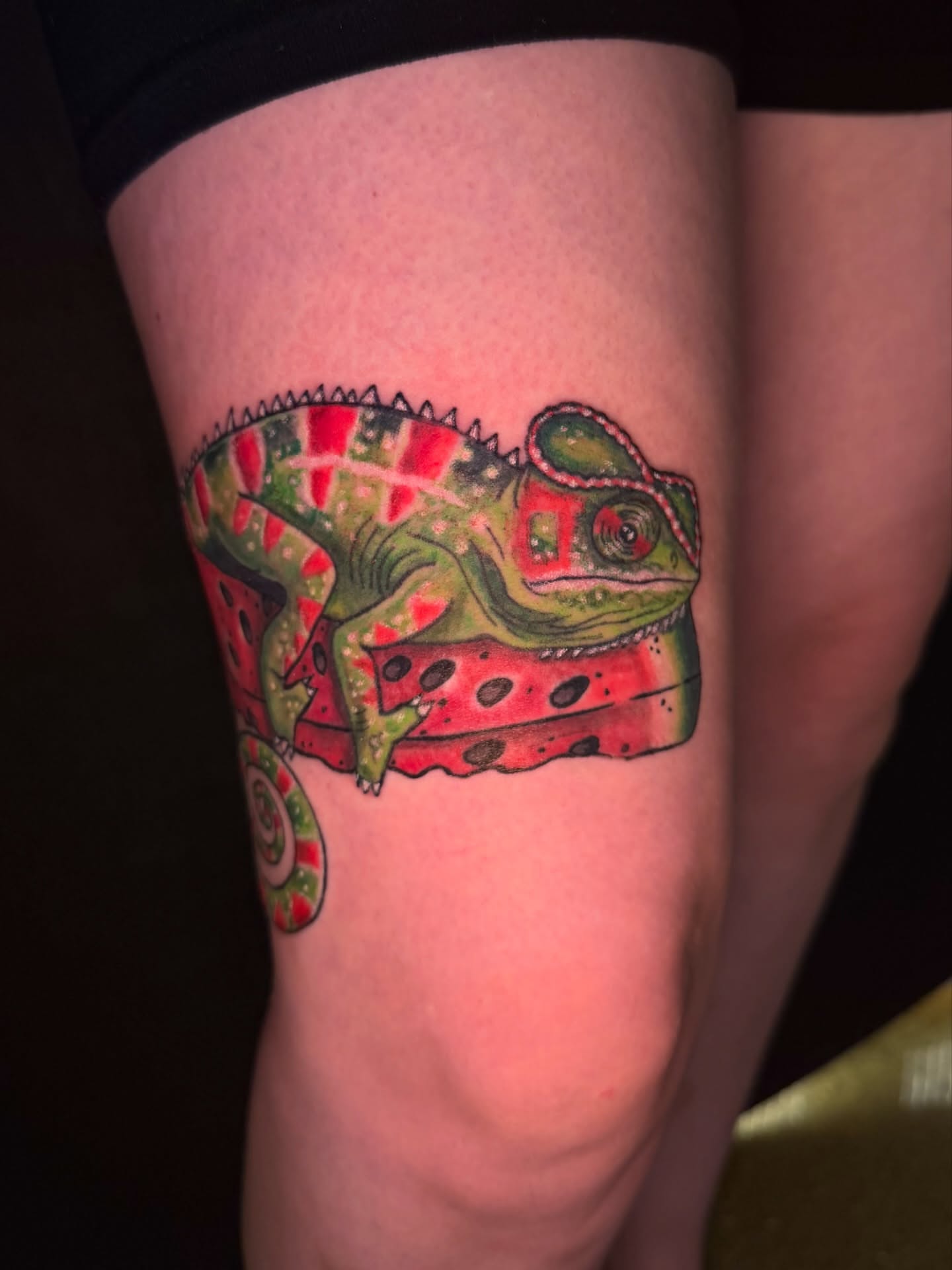Chameleon trash polka tattoo on the thigh by Abbie Kaitlynn Taylor, Dayton, Ohio
