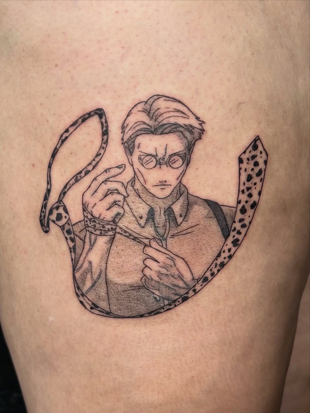 Anime character with whip anime tattoo on the thigh by Sierra Maynard