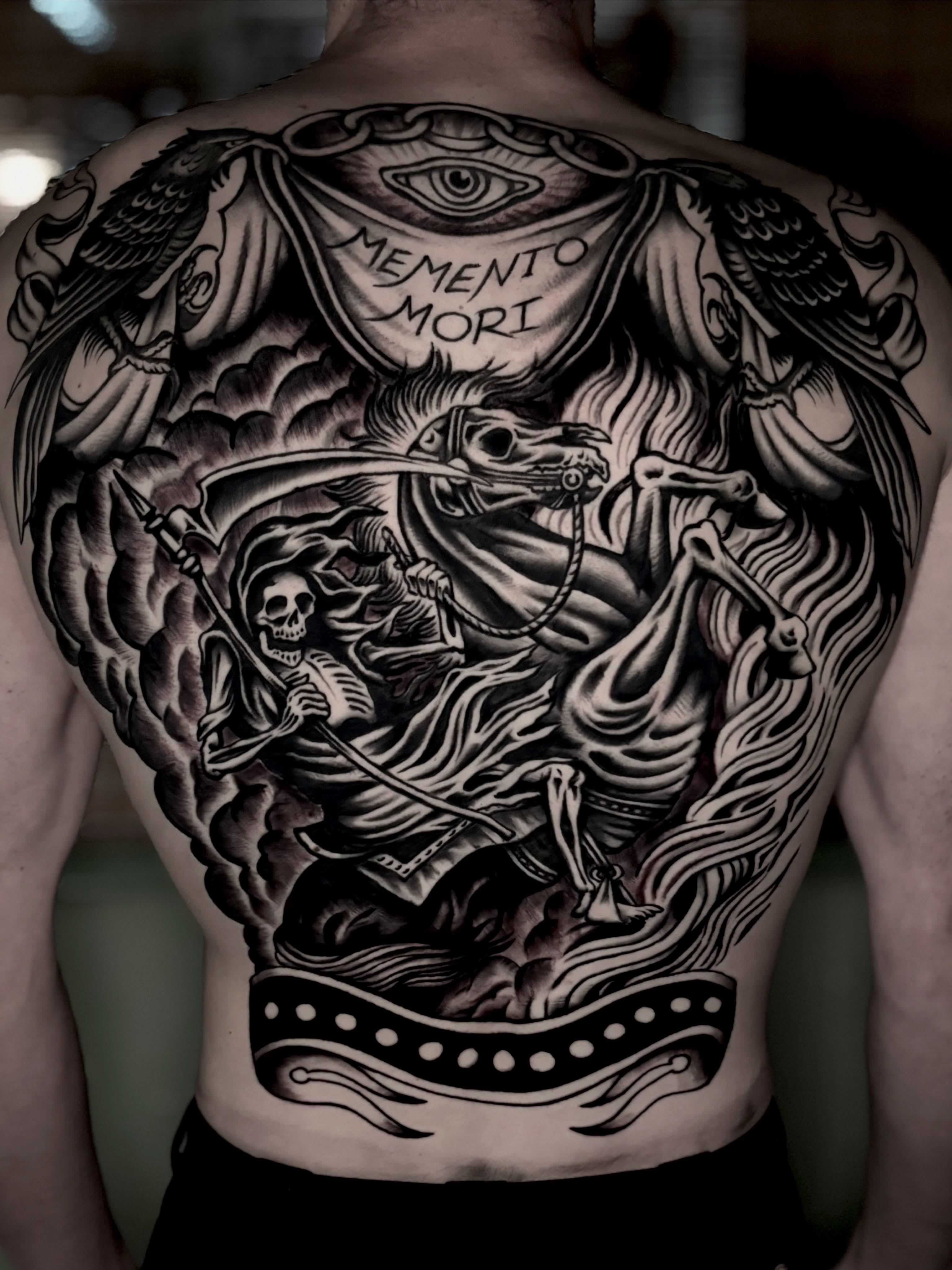 Death and reaper American traditional tattoo on the back by Weston Imhoff