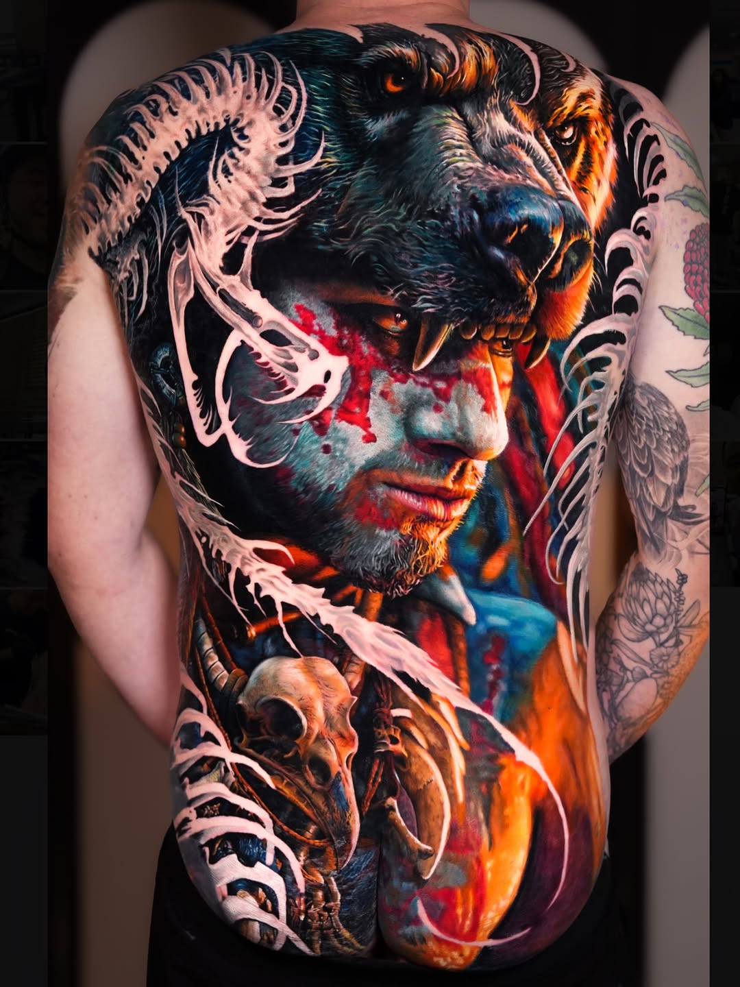 Bear and human face with skull surrealism tattoo on the back by Hiroto Nguyen, Perth, Western Australia