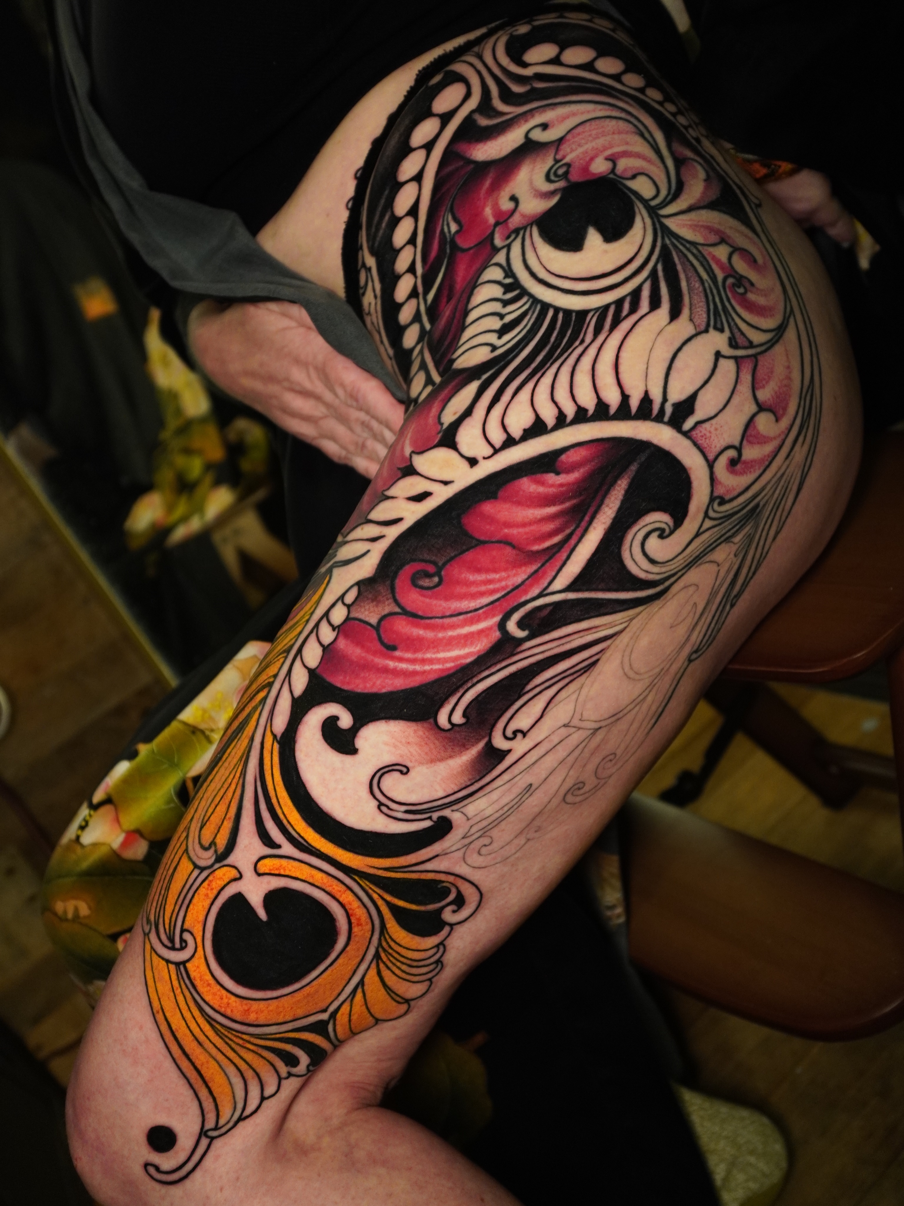 Koi fish japanese irezumi tattoo on the thigh by Lorena Borges Gomes