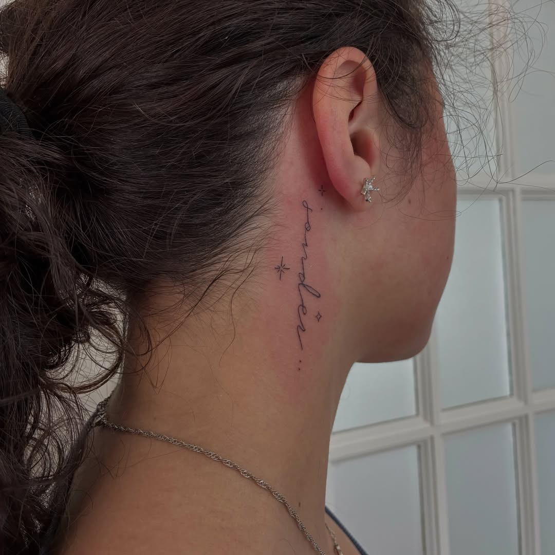 Script lettering lettering script tattoo on the neck by Lexie Decker, Canton, Ohio