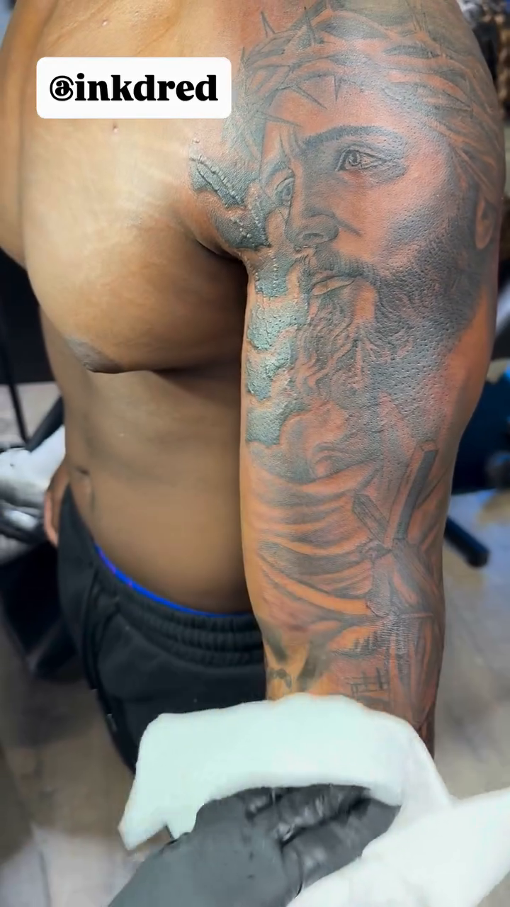 Tattoo by @inkdred β realism, black_and_grey