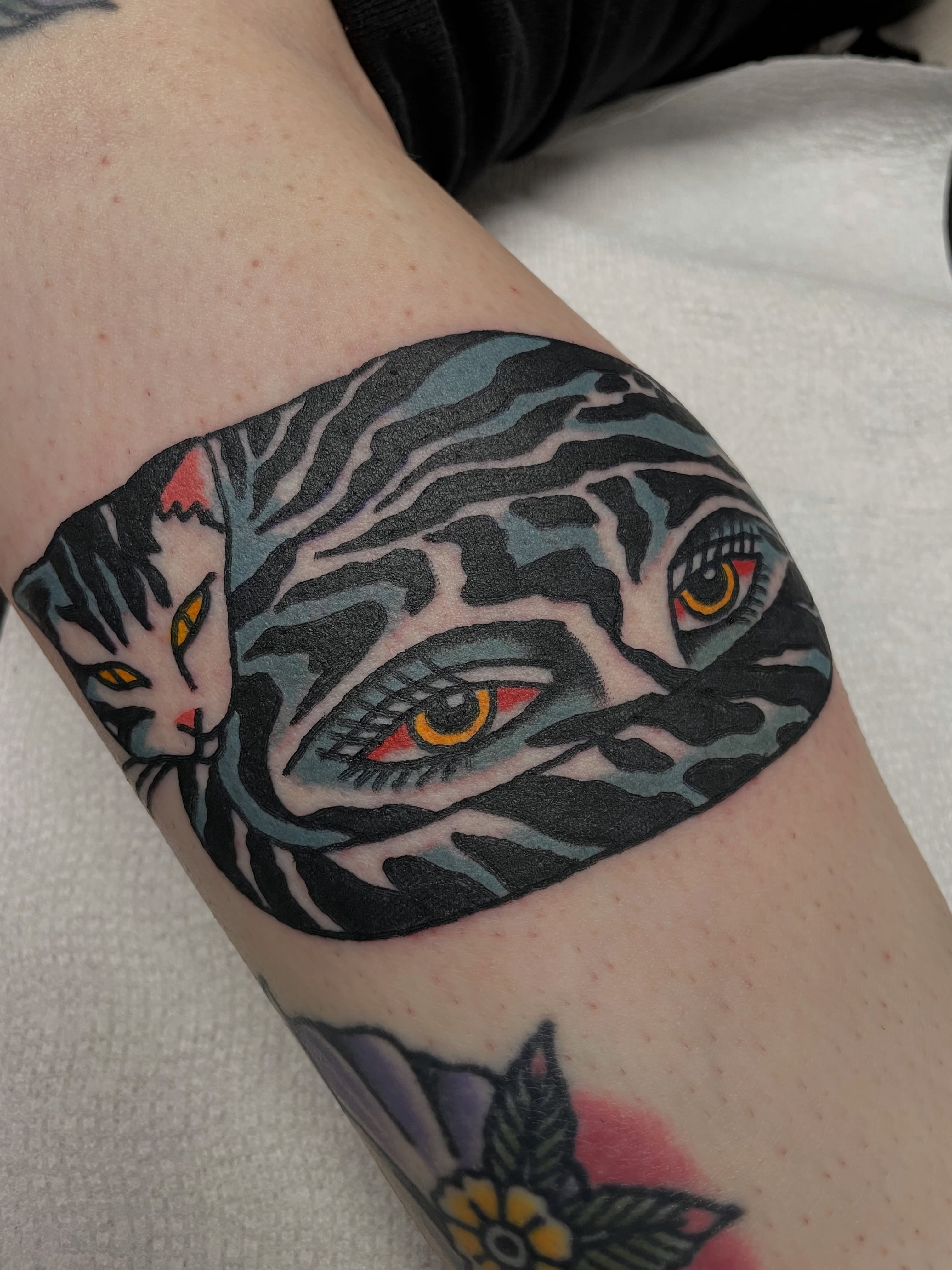 Cat American traditional tattoo on the forearm by @pizzabref