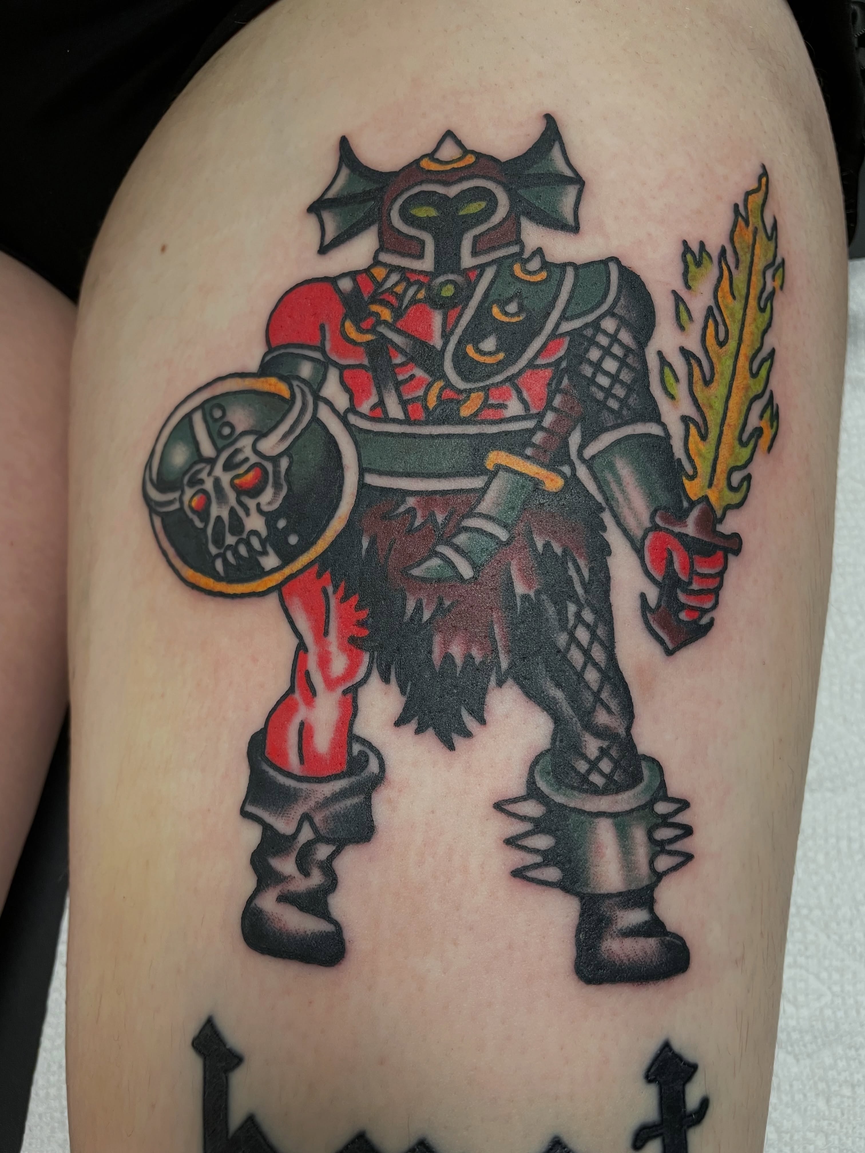 Orc warrior American traditional tattoo on the thigh by @pizzabref
