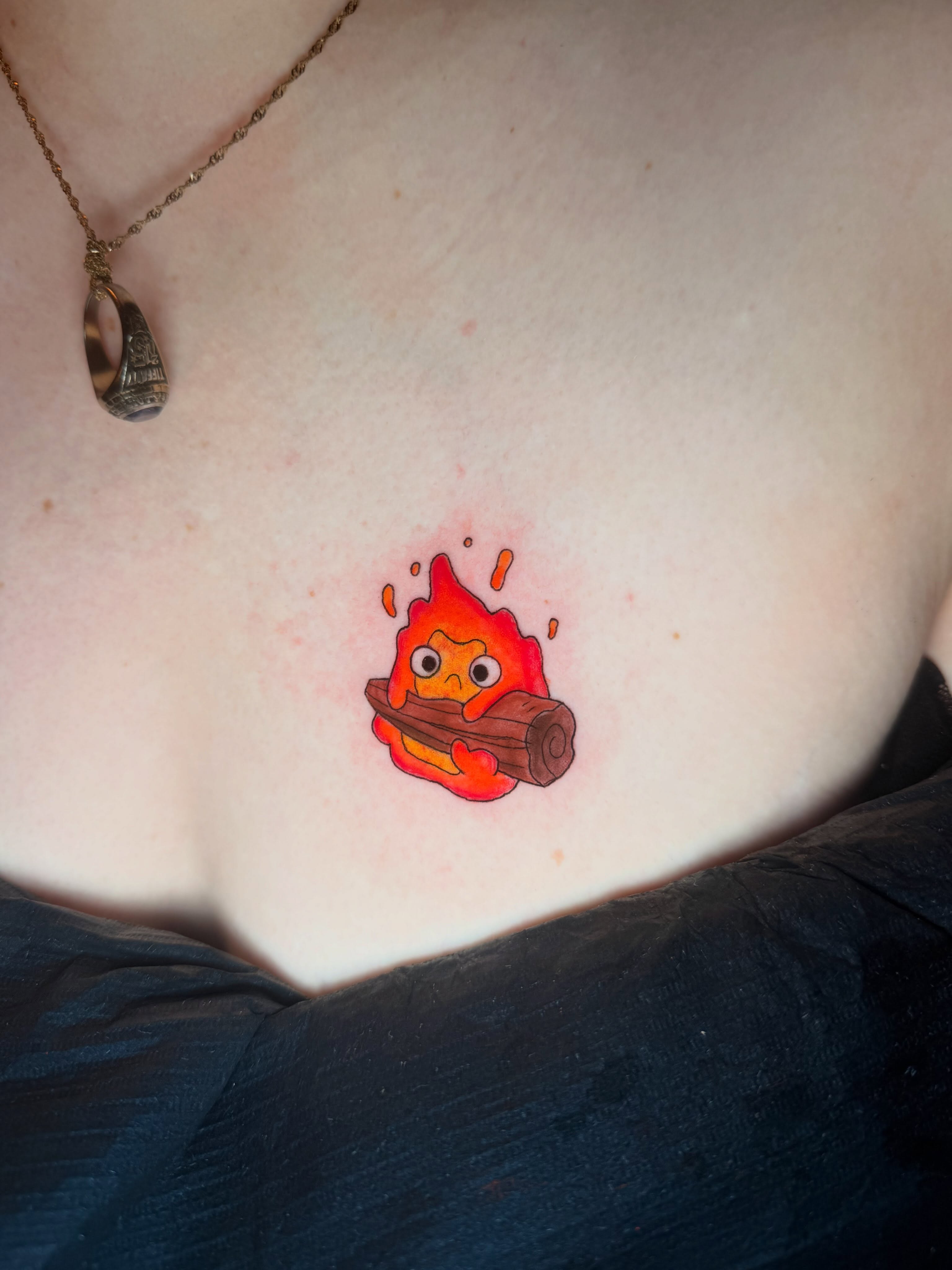 Fire spirit dotwork tattoo on the chest by Breanna💉🔮, Dover, Delaware