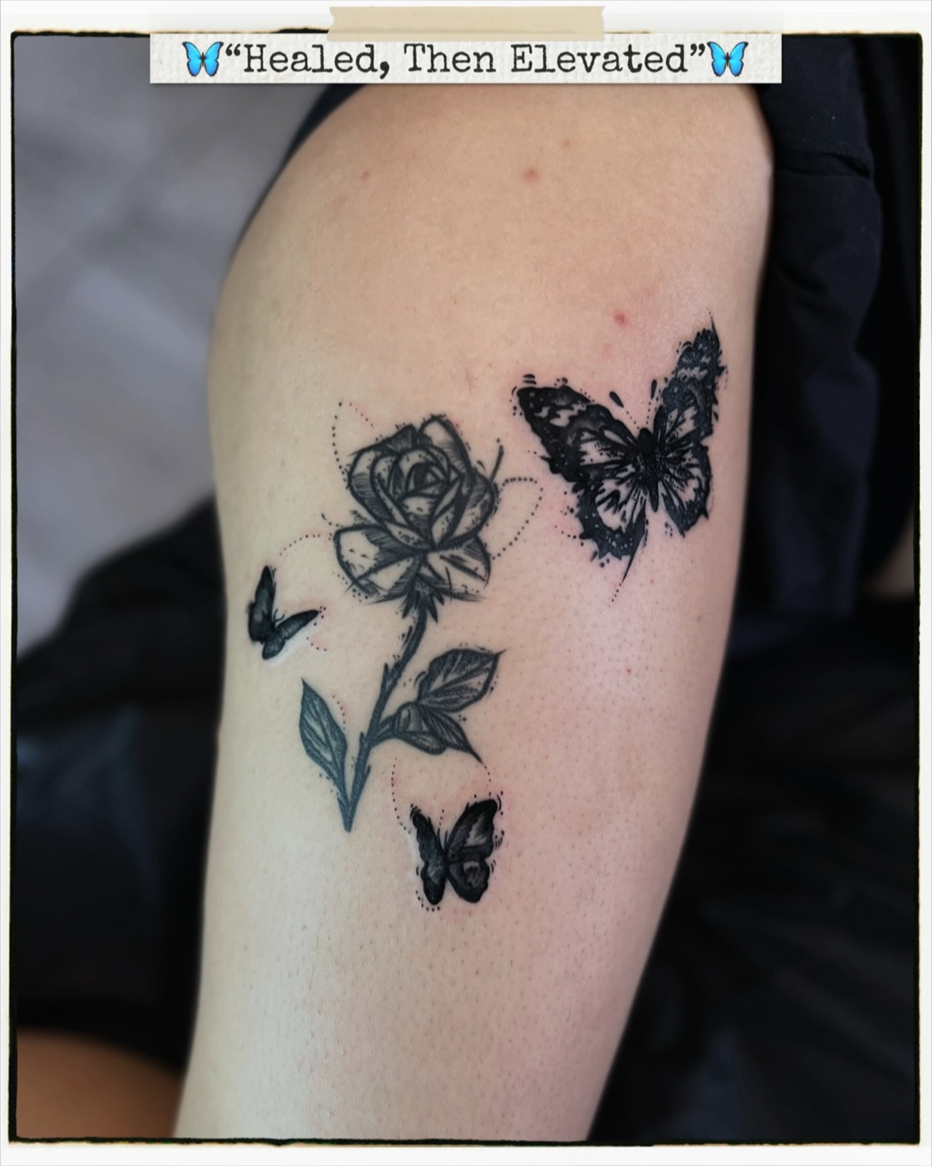 Rose and butterflies dotwork tattoo on the thigh by Hugh Anthony Washington, Hattiesburg, Mississippi