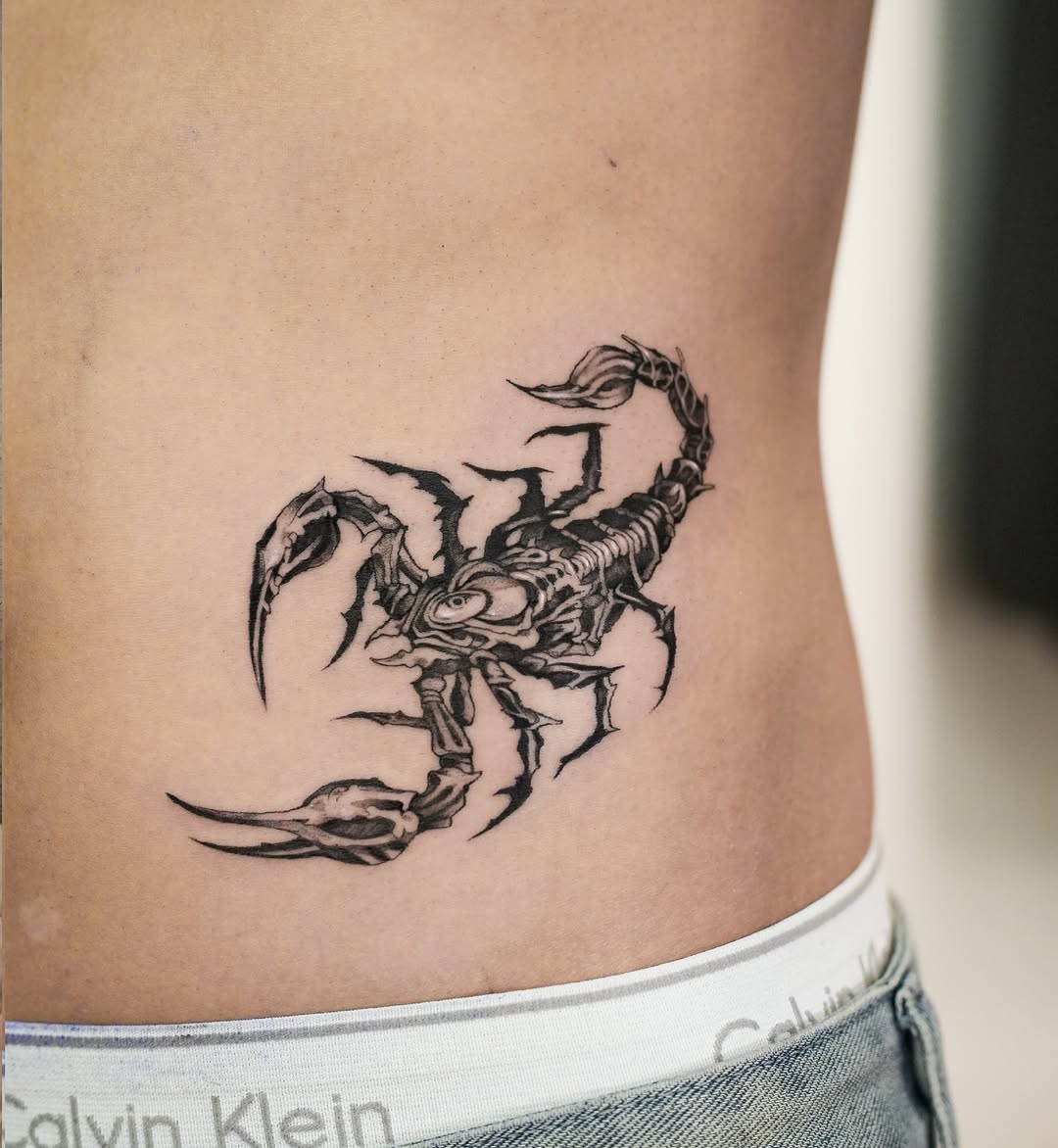 Scorpion black and grey tattoo on the ribs by Hery Anwar