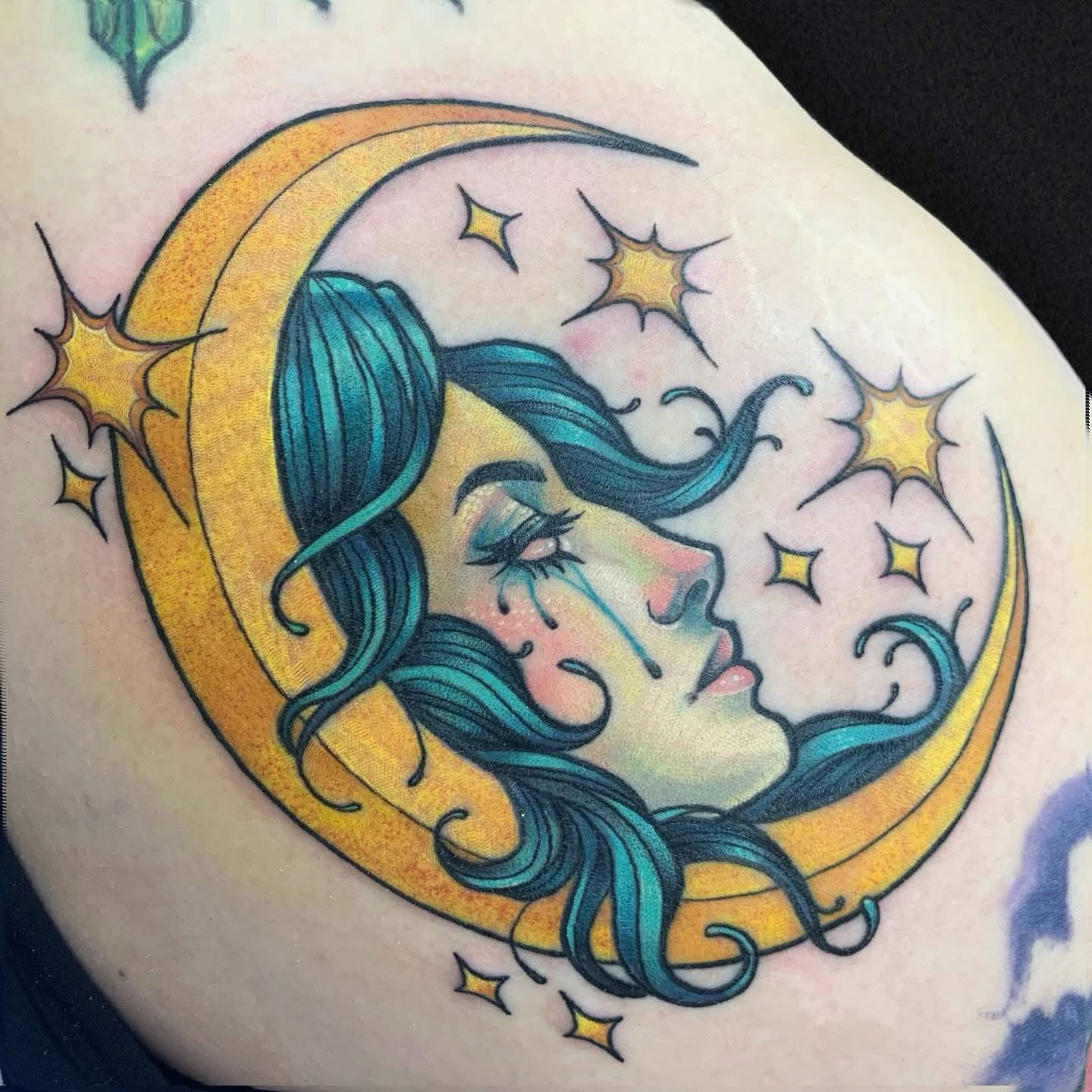 Moon and woman American traditional tattoo on the thigh by Ash MacIsaac