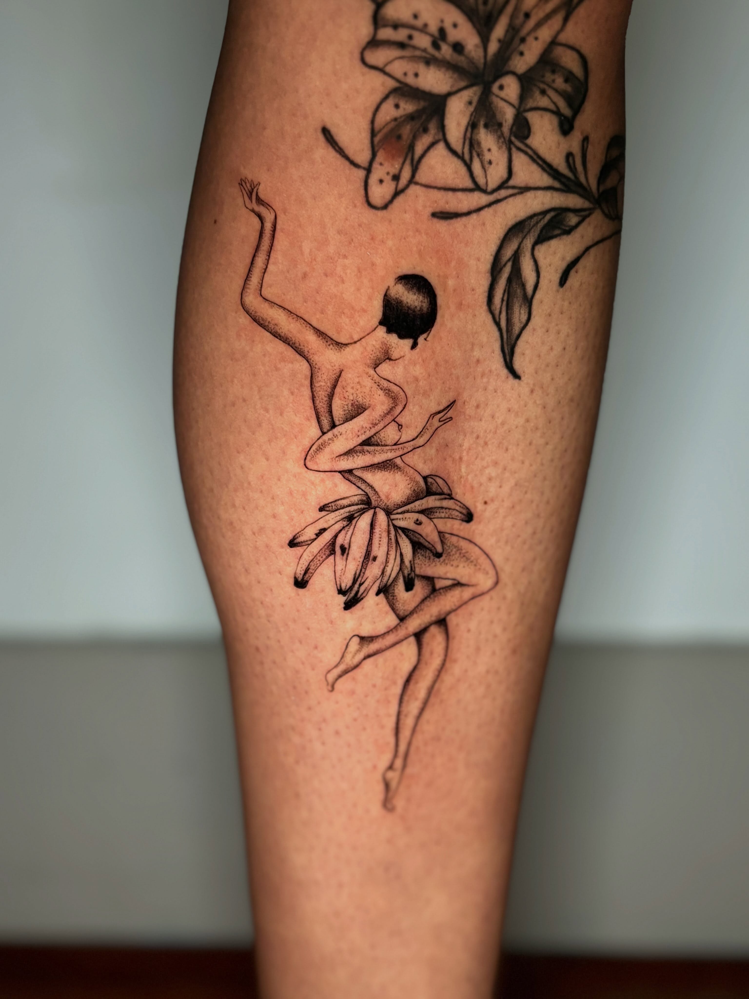 Ballerina dotwork tattoo on the leg by Jojo Rose ✨ Denver Tattoo Artist