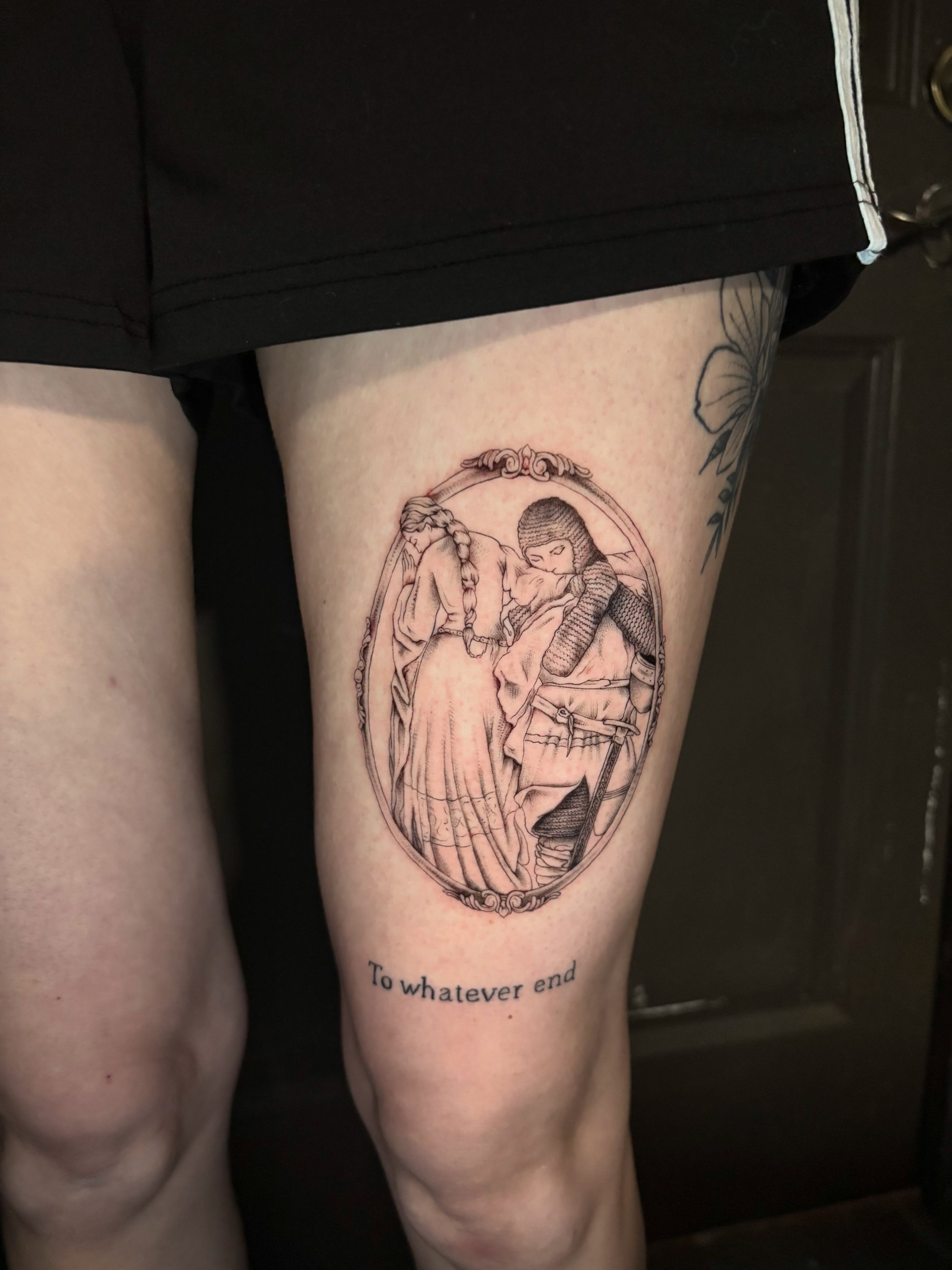 Romantic couple black and grey tattoo on the thigh by Jojo Rose ✨ Denver Tattoo Artist