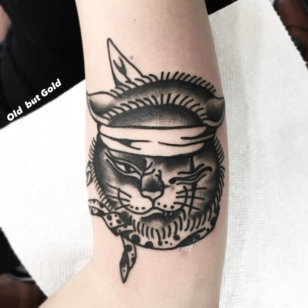 Cat American traditional tattoo on the forearm by Joe Khay, Hackettstown, New Jersey