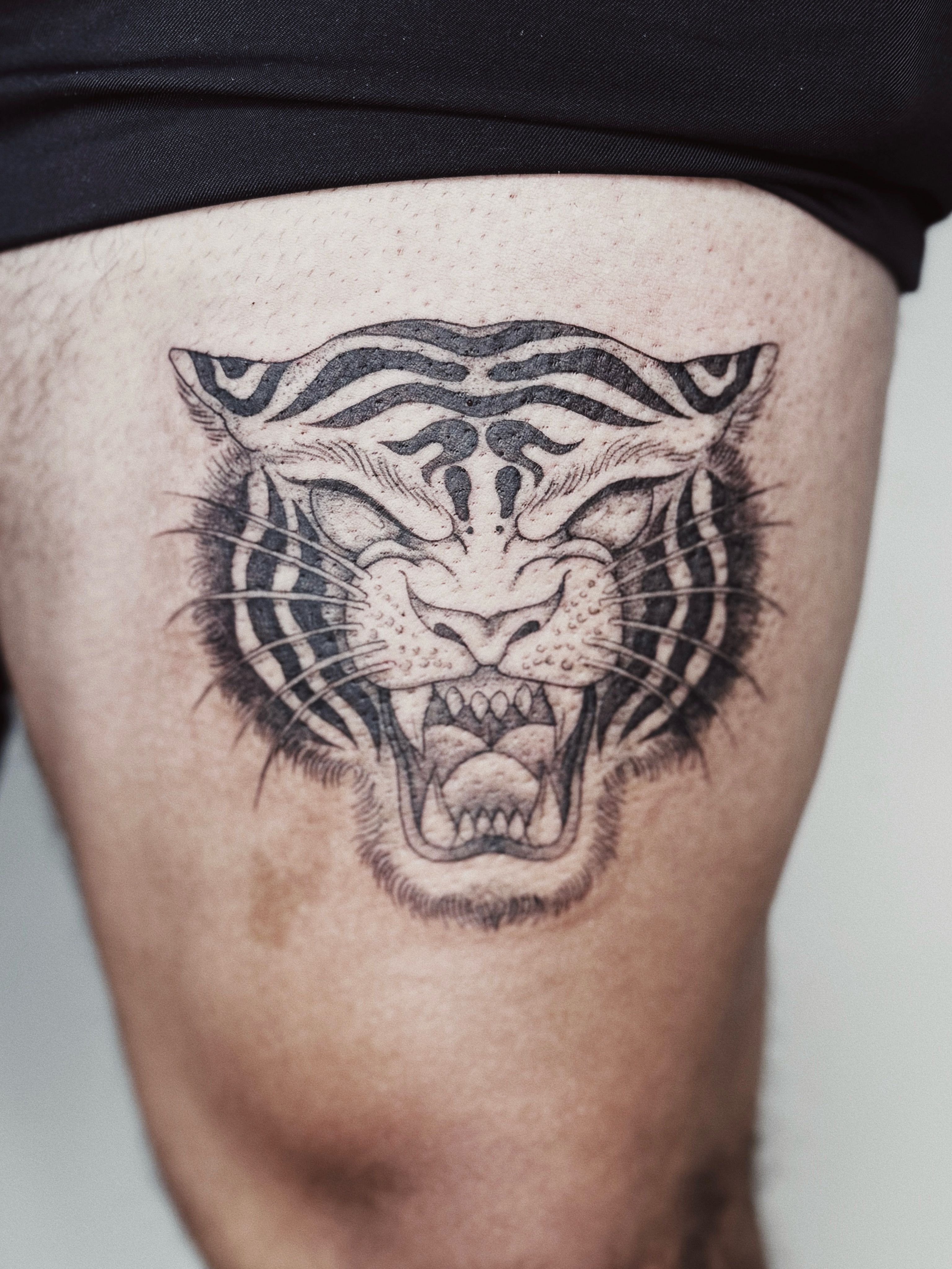 Roaring tiger black and grey tattoo on the thigh by πΉπ°π½πππ΄π½ πΆπ»π΄π½π½, North Logan, Utah