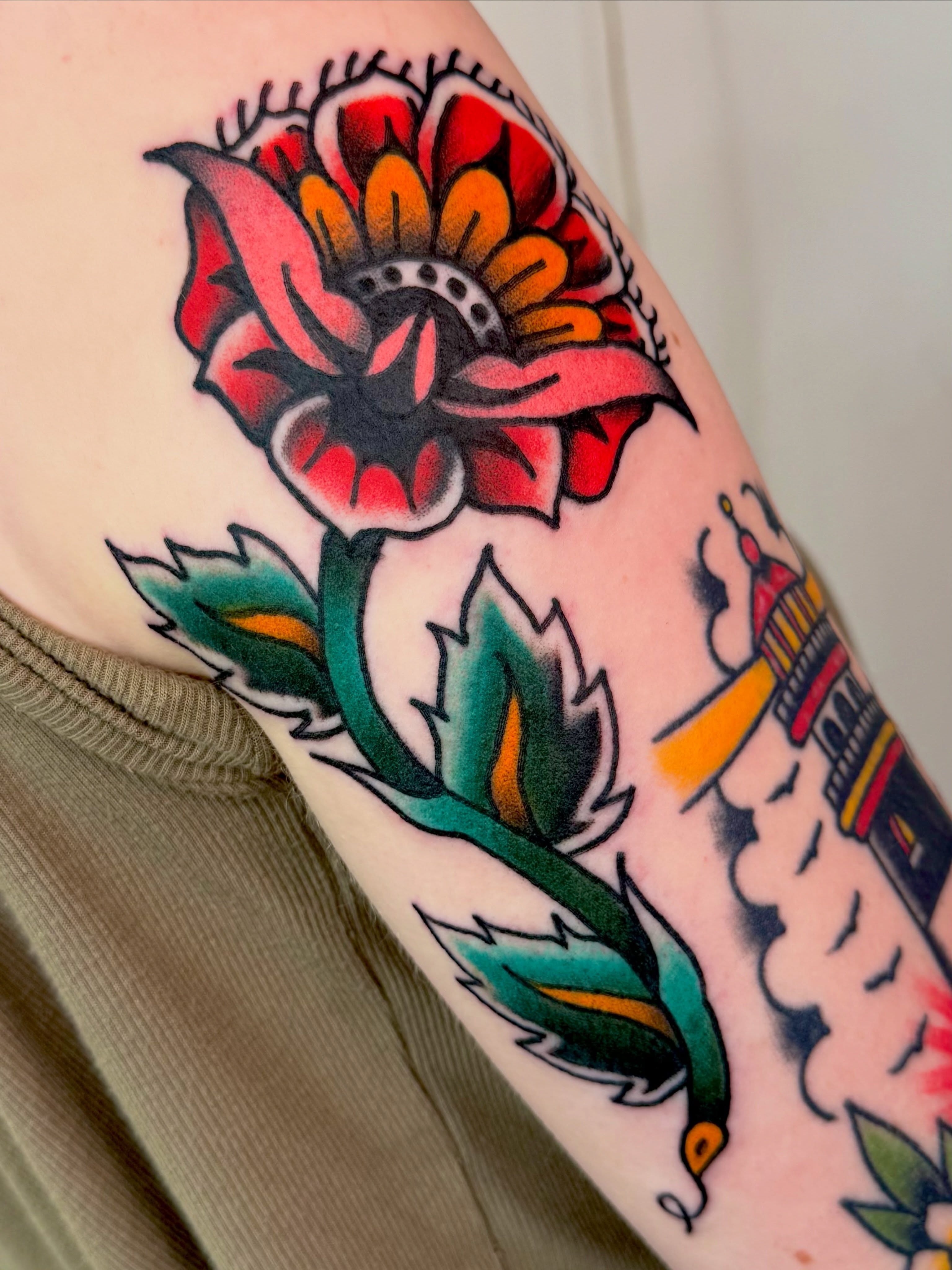 Flower American traditional tattoo on the forearm by 🪩 Marisa Rae Mathews 🪩, McKees Rocks, Pennsylvania