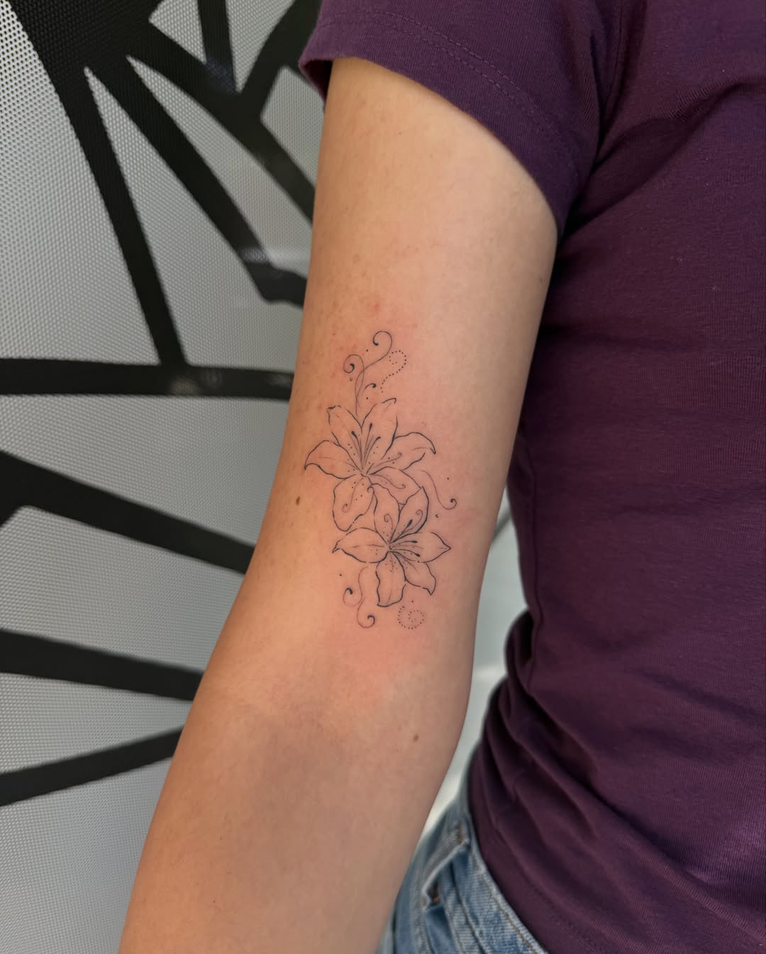 Lilies fine line tattoo on the forearm by : *✧･ﾟ:* camryn  *:･ﾟ✧: