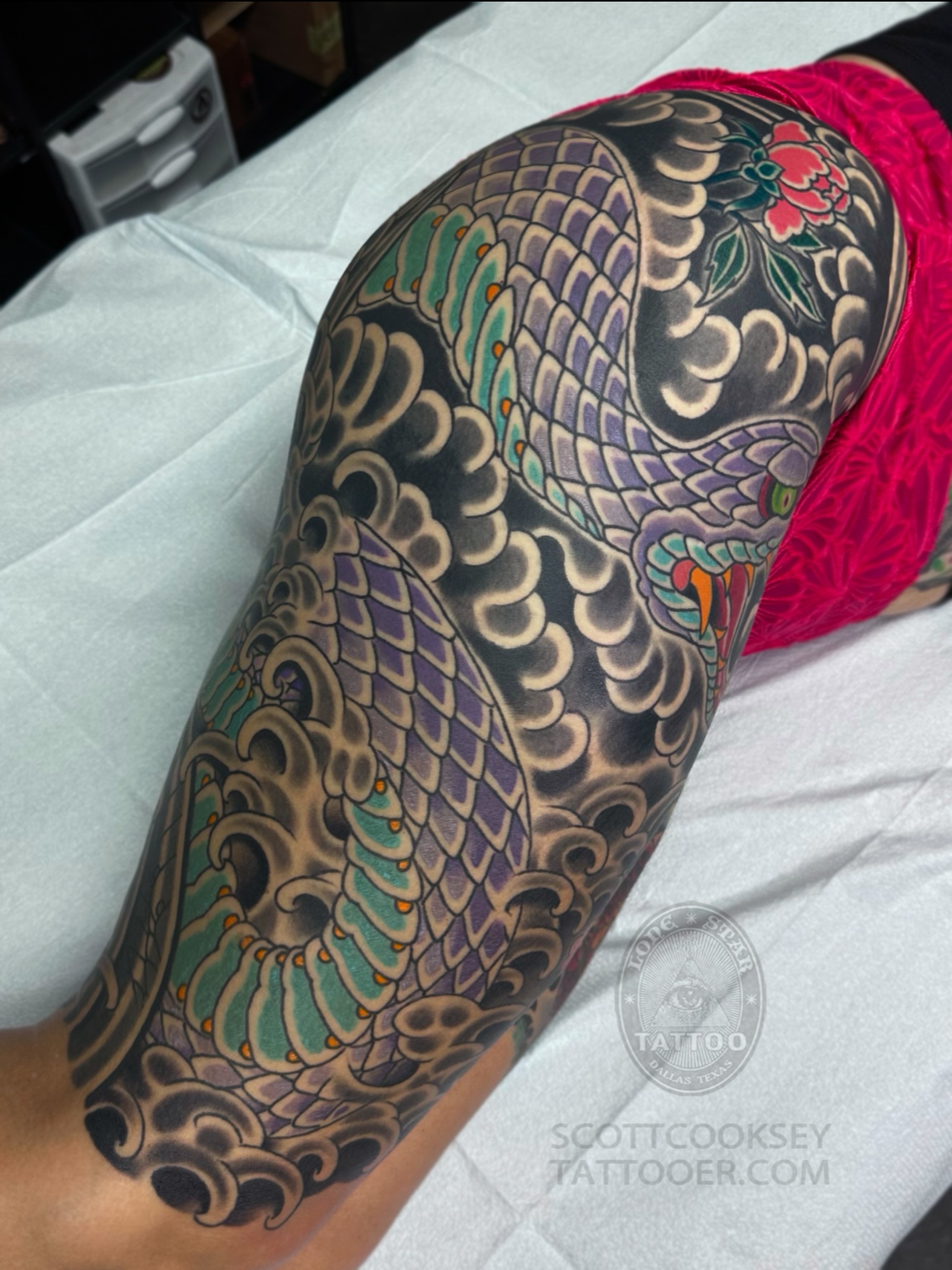 Koi fish japanese irezumi tattoo on the thigh by Scott Allen Cooksey, Plano, Texas