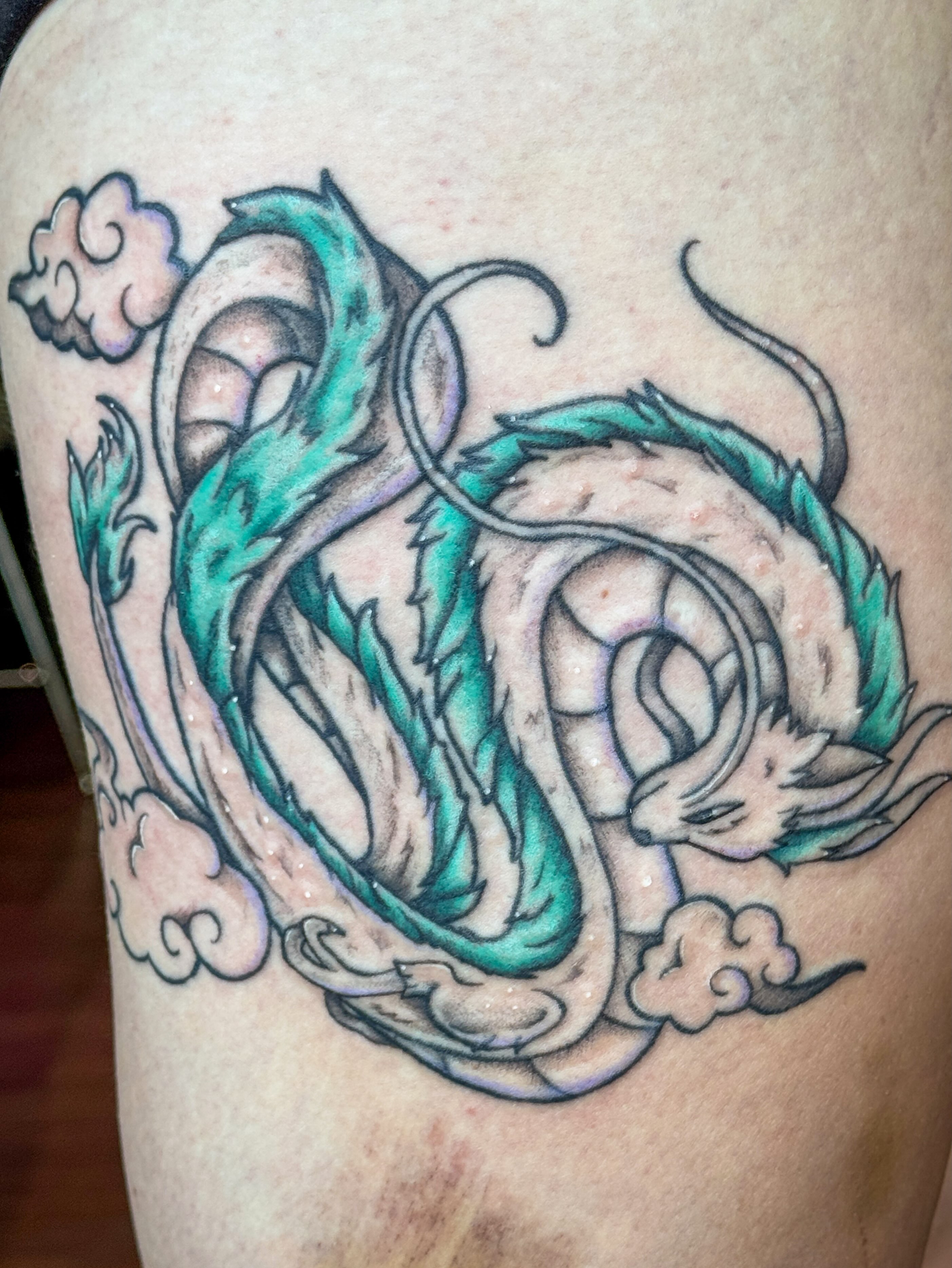 Dragon new school tattoo on the thigh by Ash✨