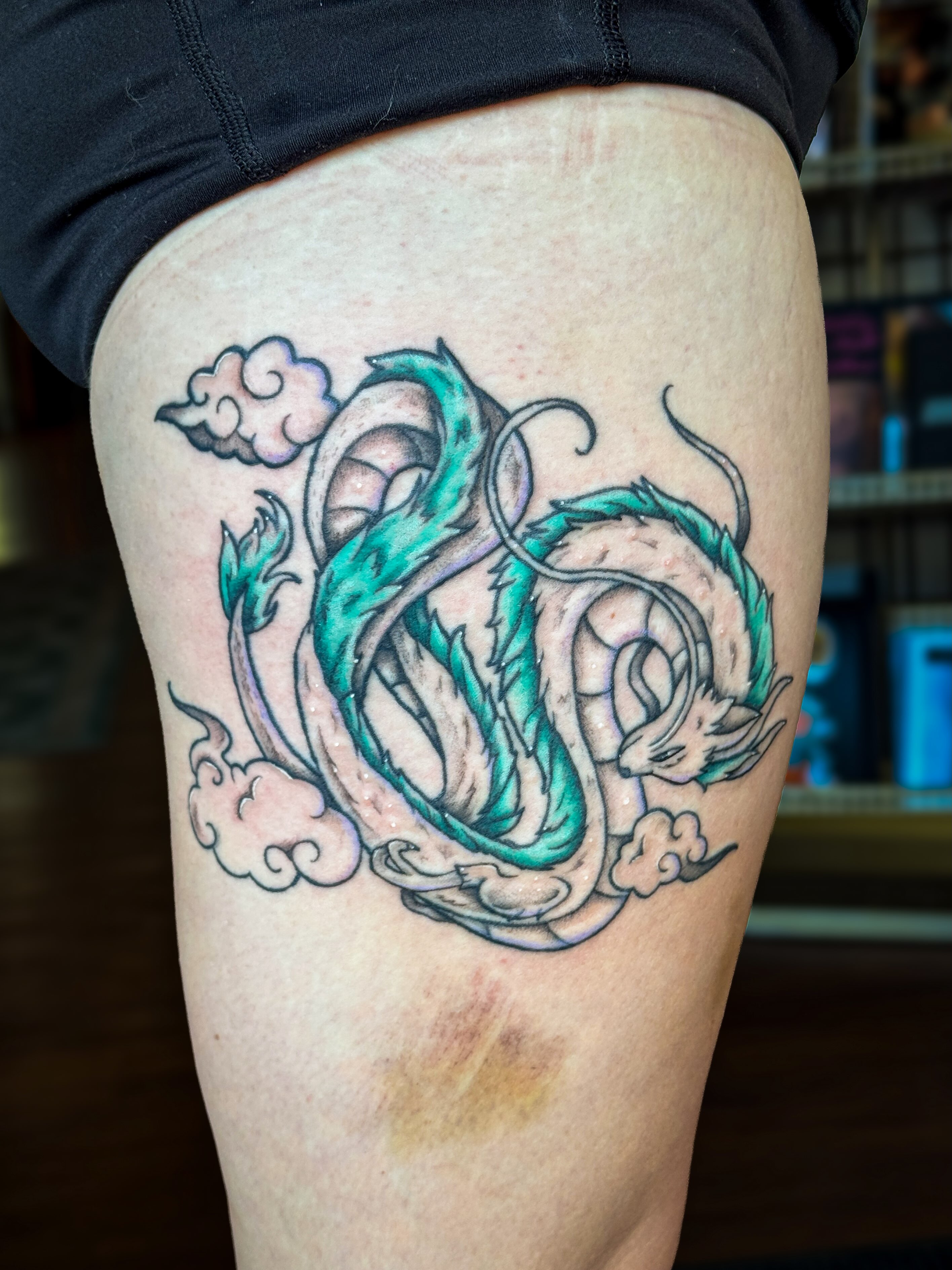 Dragon new school tattoo on the thigh by Ash✨