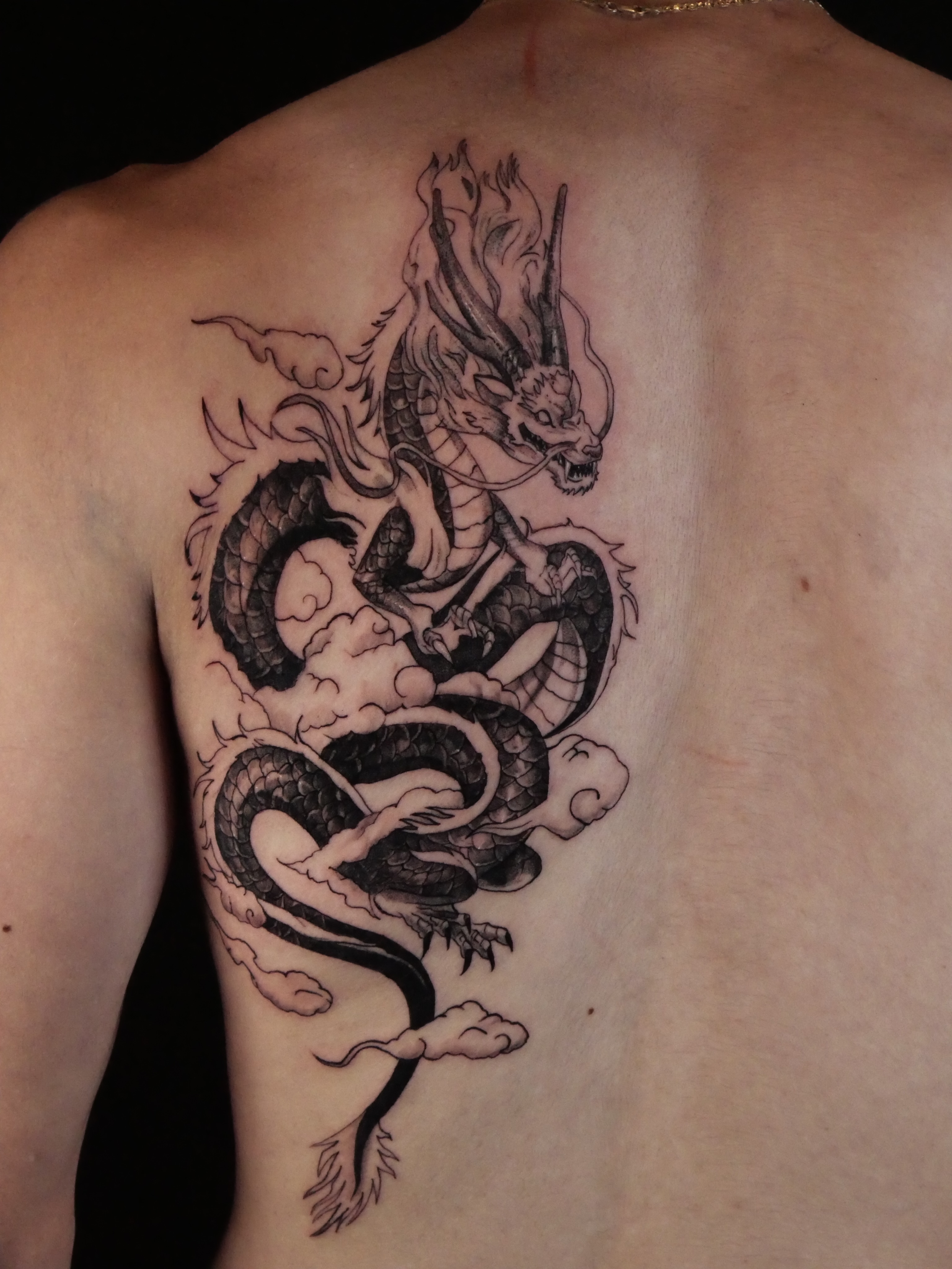 Dragon black and grey tattoo on the back by Sloppy