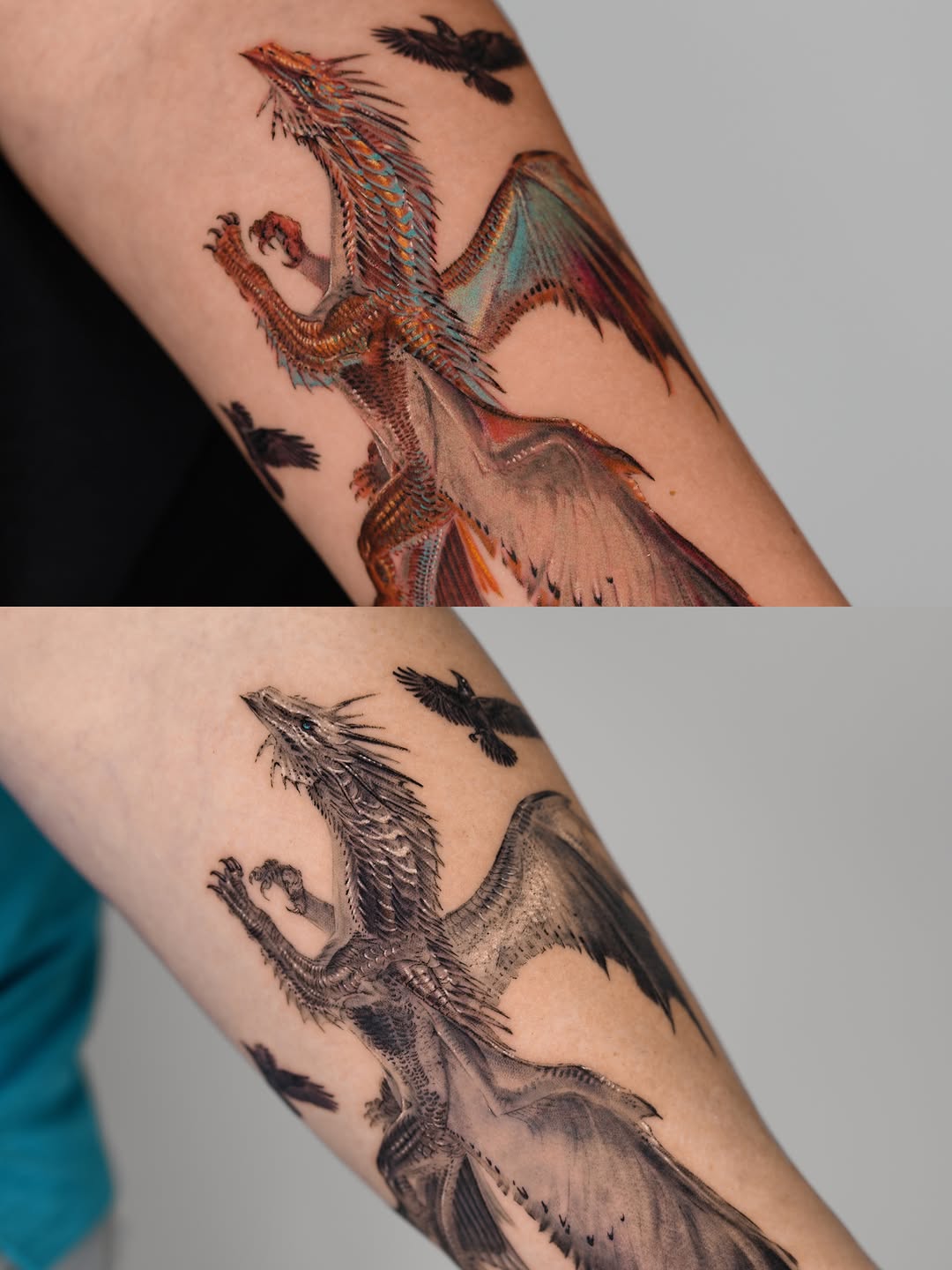 Dragon and birds watercolor tattoo on the forearm by Jun