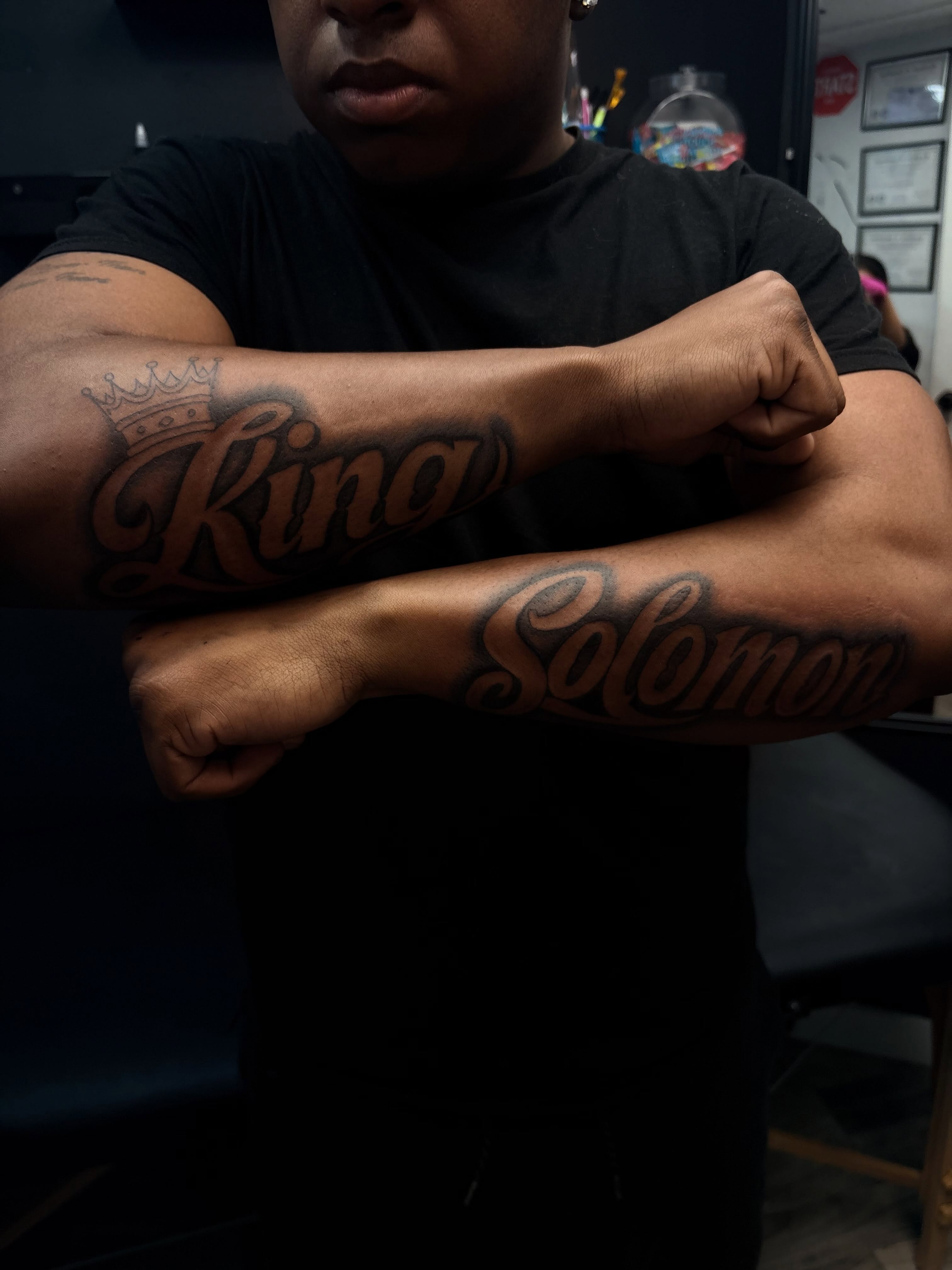 King solomon lettering script tattoo on the forearm by 𝓚𝓪𝓻𝓶𝓪💫
