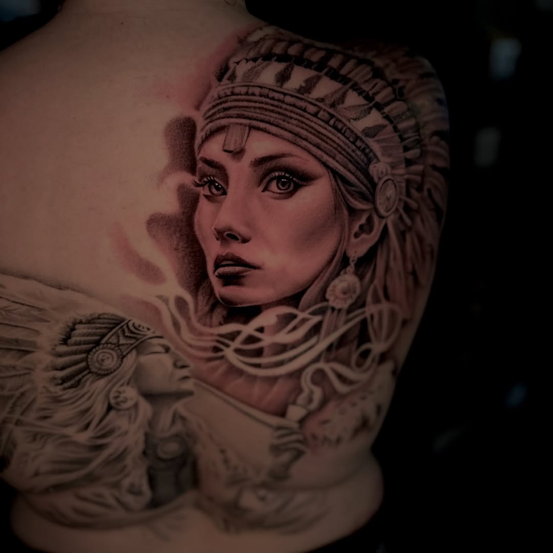 Native American woman portrait realism tattoo on the back by Big Steve Lewis