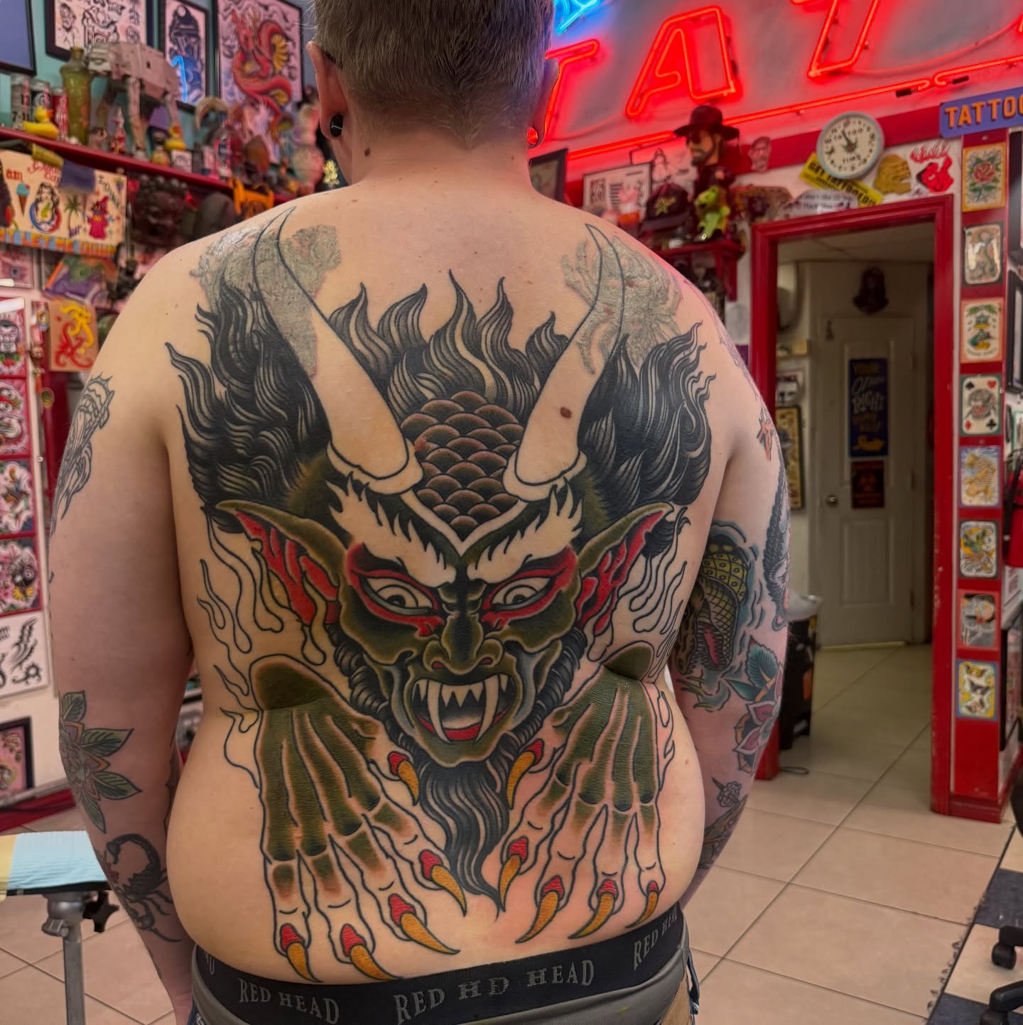Demon American traditional tattoo on the back by Hannah Edwards, Austin, Texas