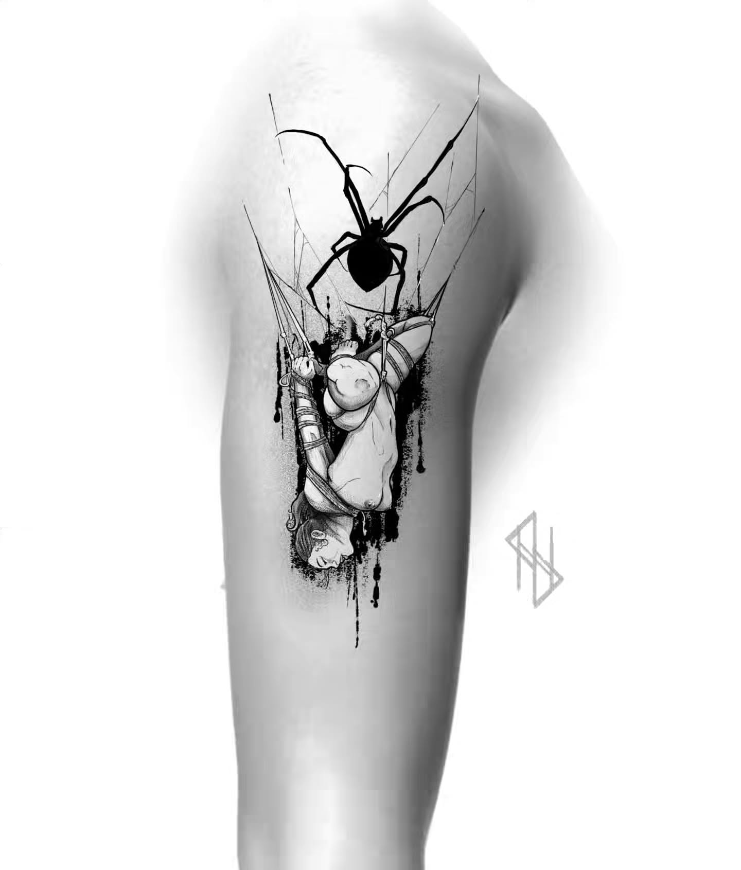 Spider and woman realism tattoo on the forearm by Nathan Harkins-Oberbeck