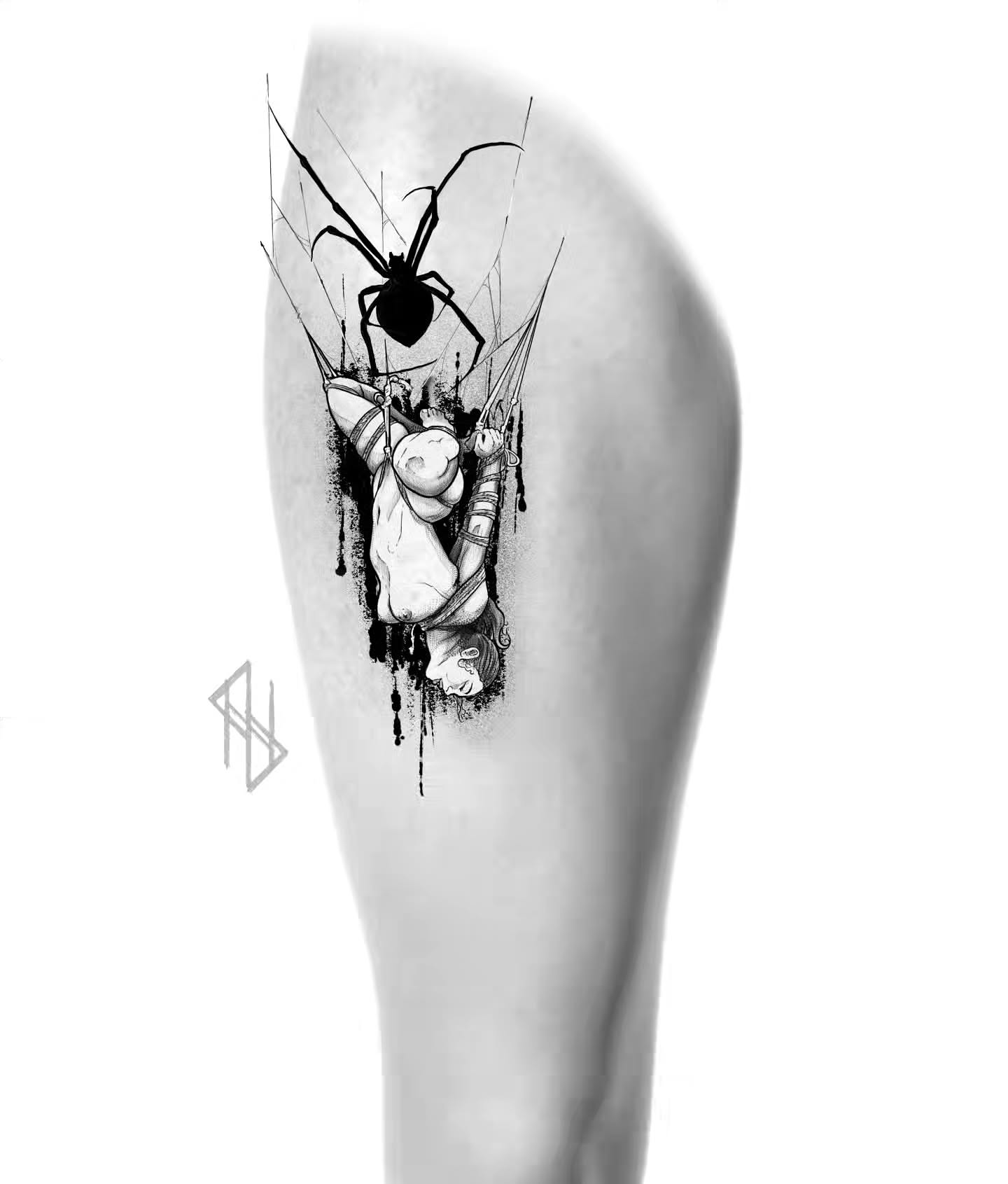 Woman and spider realism tattoo on the thigh by Nathan Harkins-Oberbeck