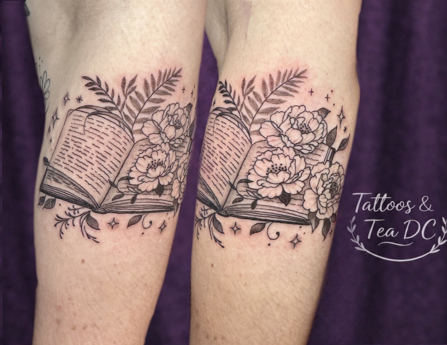 Book and flowers black and grey tattoo on the forearm by Tattoos & Tea DC, Arlington, Virginia