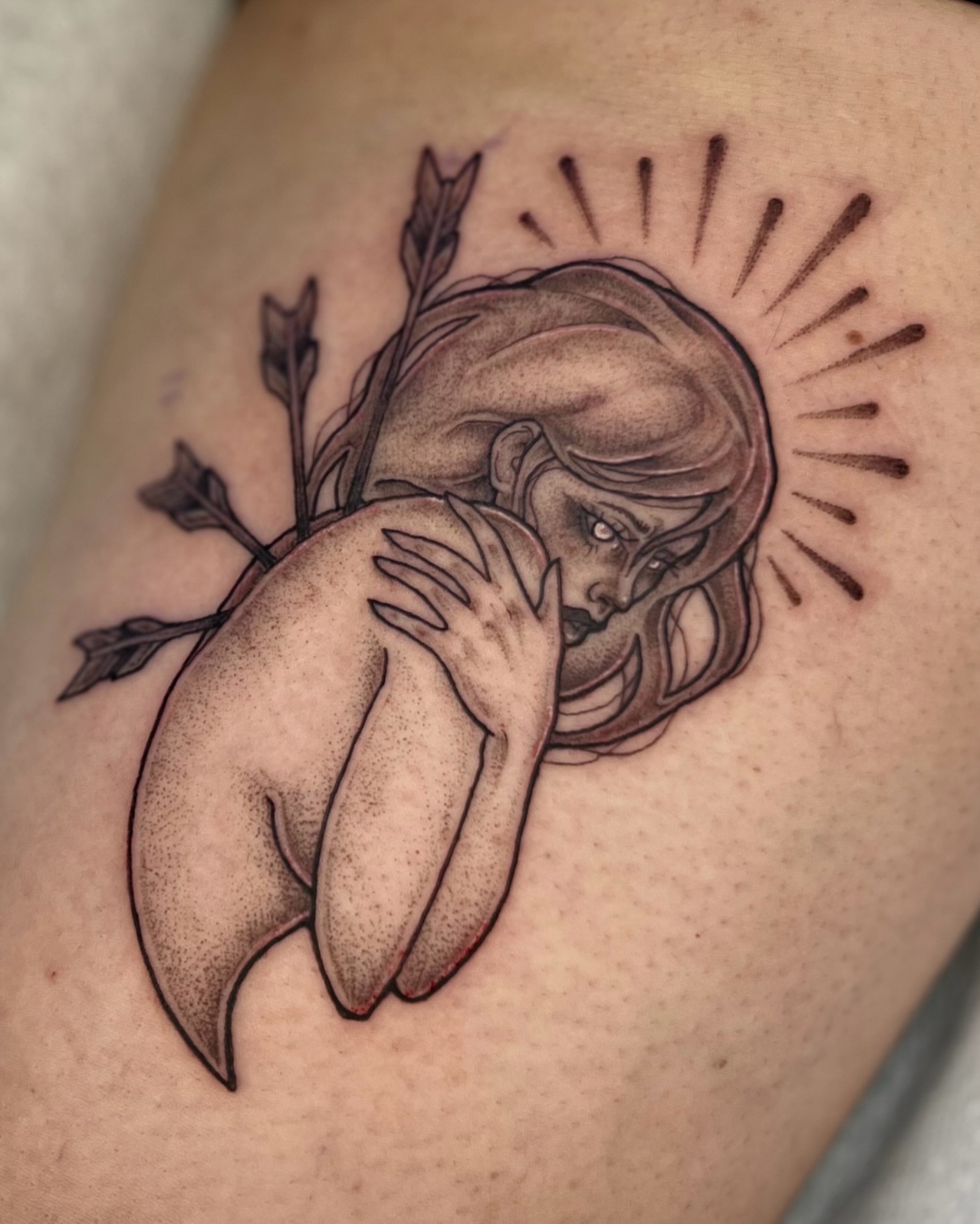 Tattoo by @olympe_ktattoos — dotwork, black_and_grey