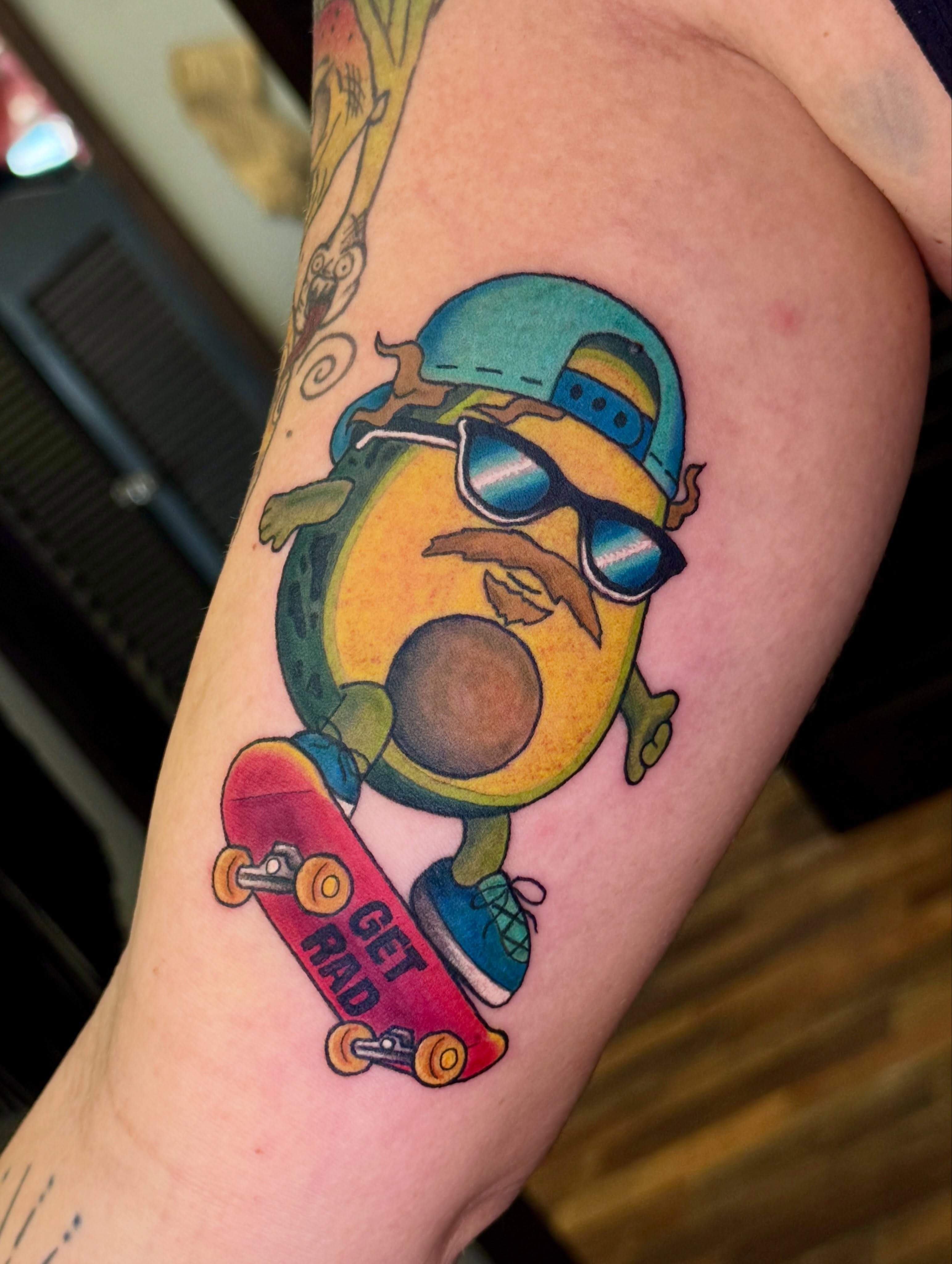 Skateboarding avocado new school tattoo on the forearm by πβ¨ππ₯π’π©ππΆ β¨π