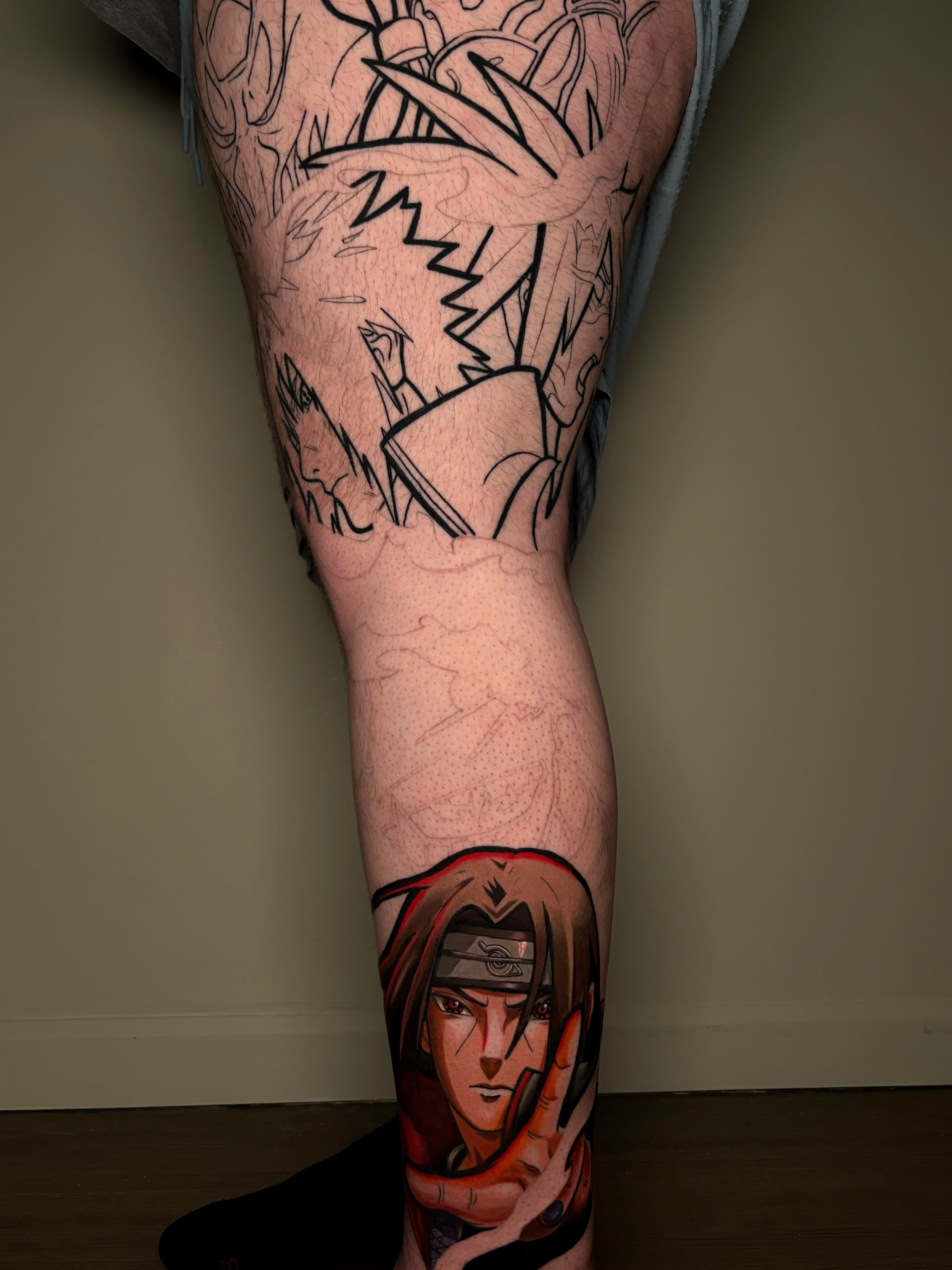 Anime character anime tattoo on the leg by Jess