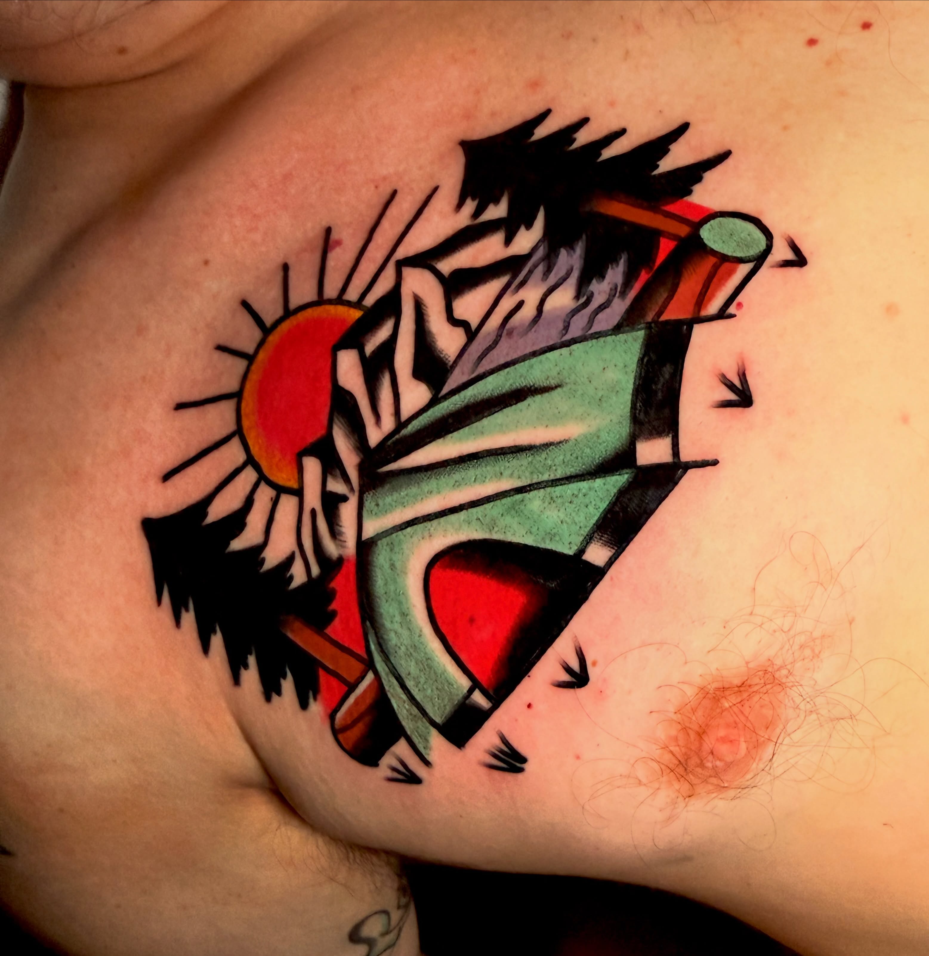 Anime character anime tattoo on the chest by {{Theo Glanton}}