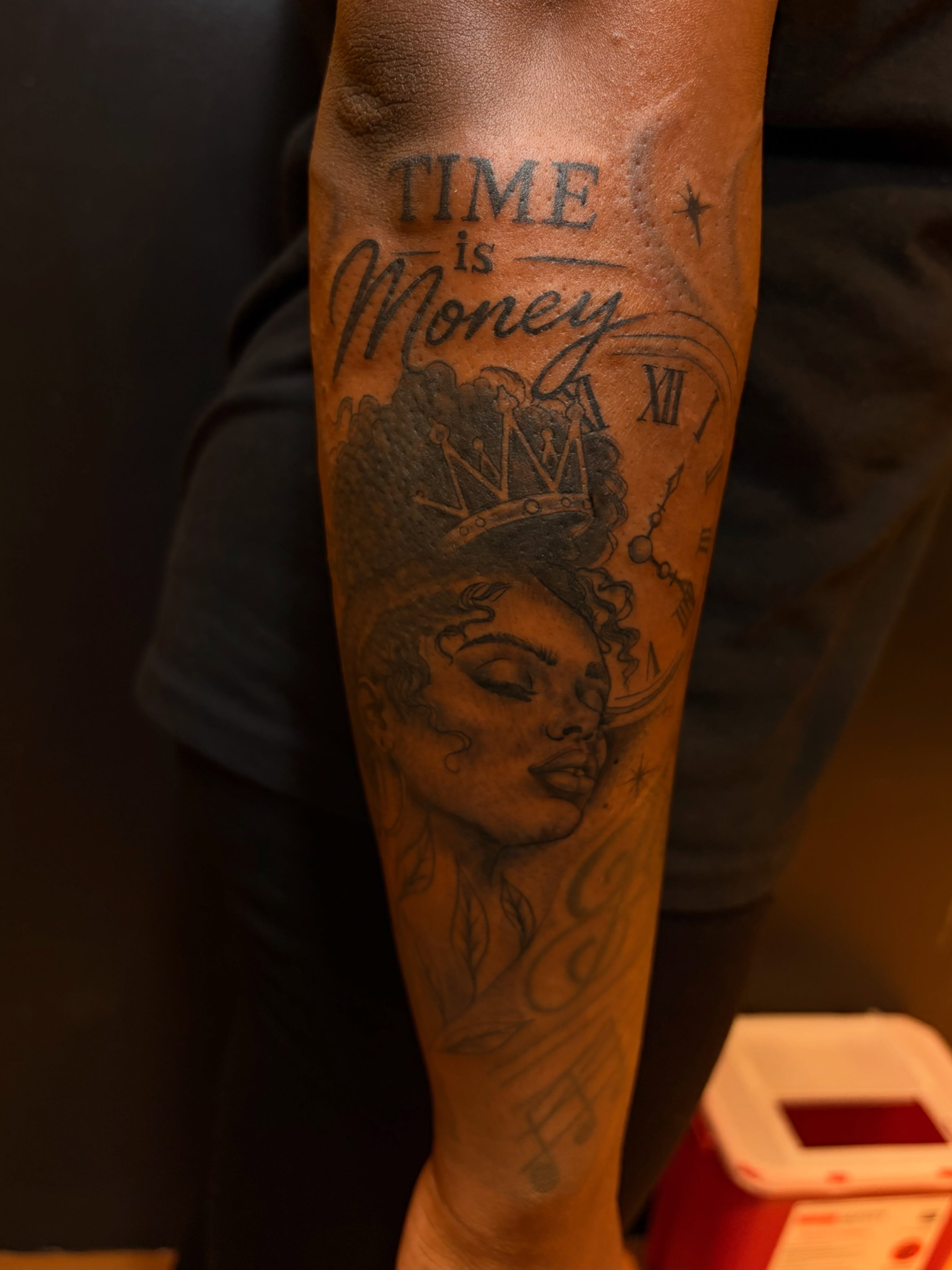 Time is money realism tattoo on the forearm by Inked By E, Philadelphia, Pennsylvania