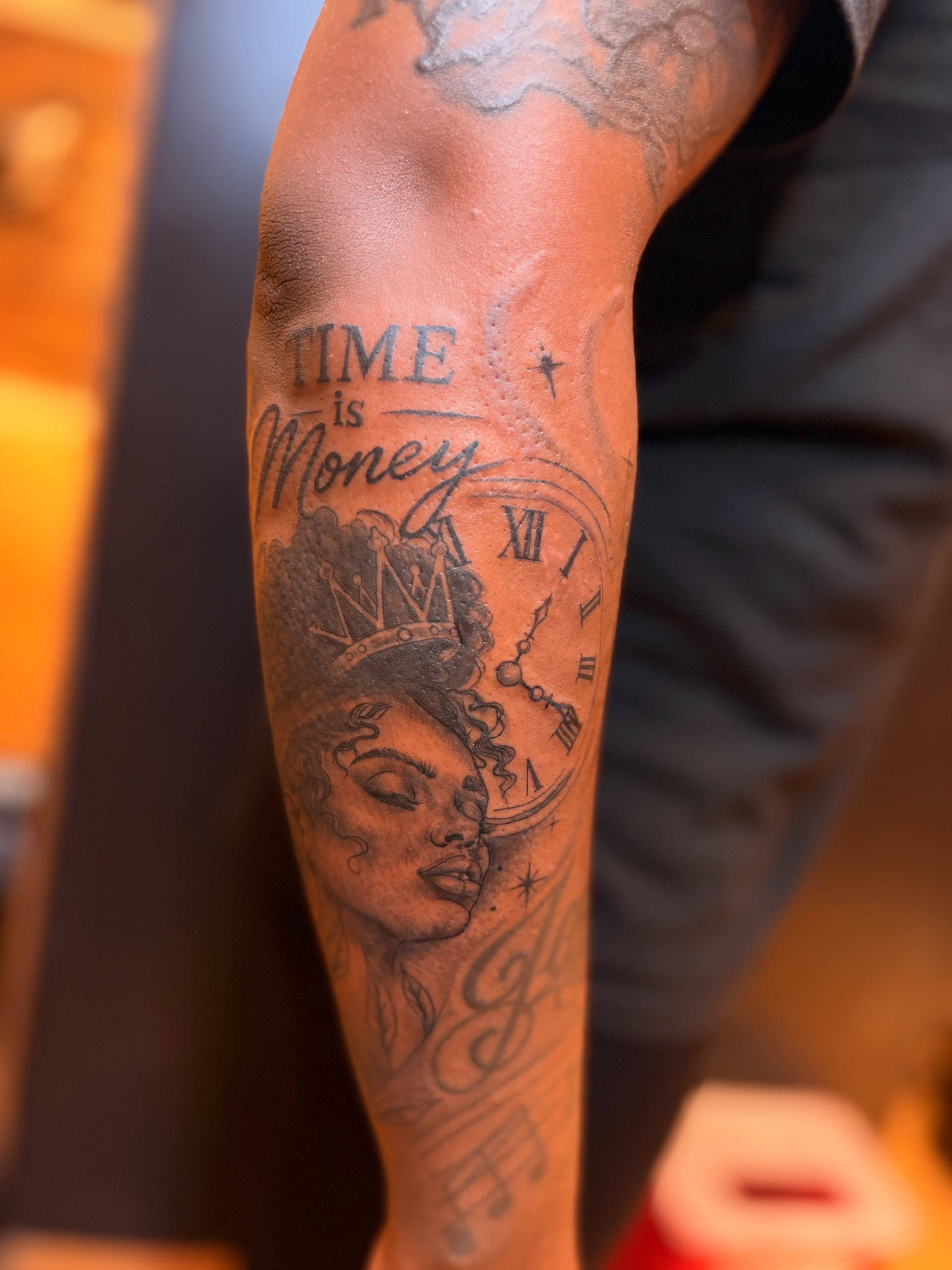 Time is money black and grey tattoo on the forearm by Inked By E, Philadelphia, Pennsylvania