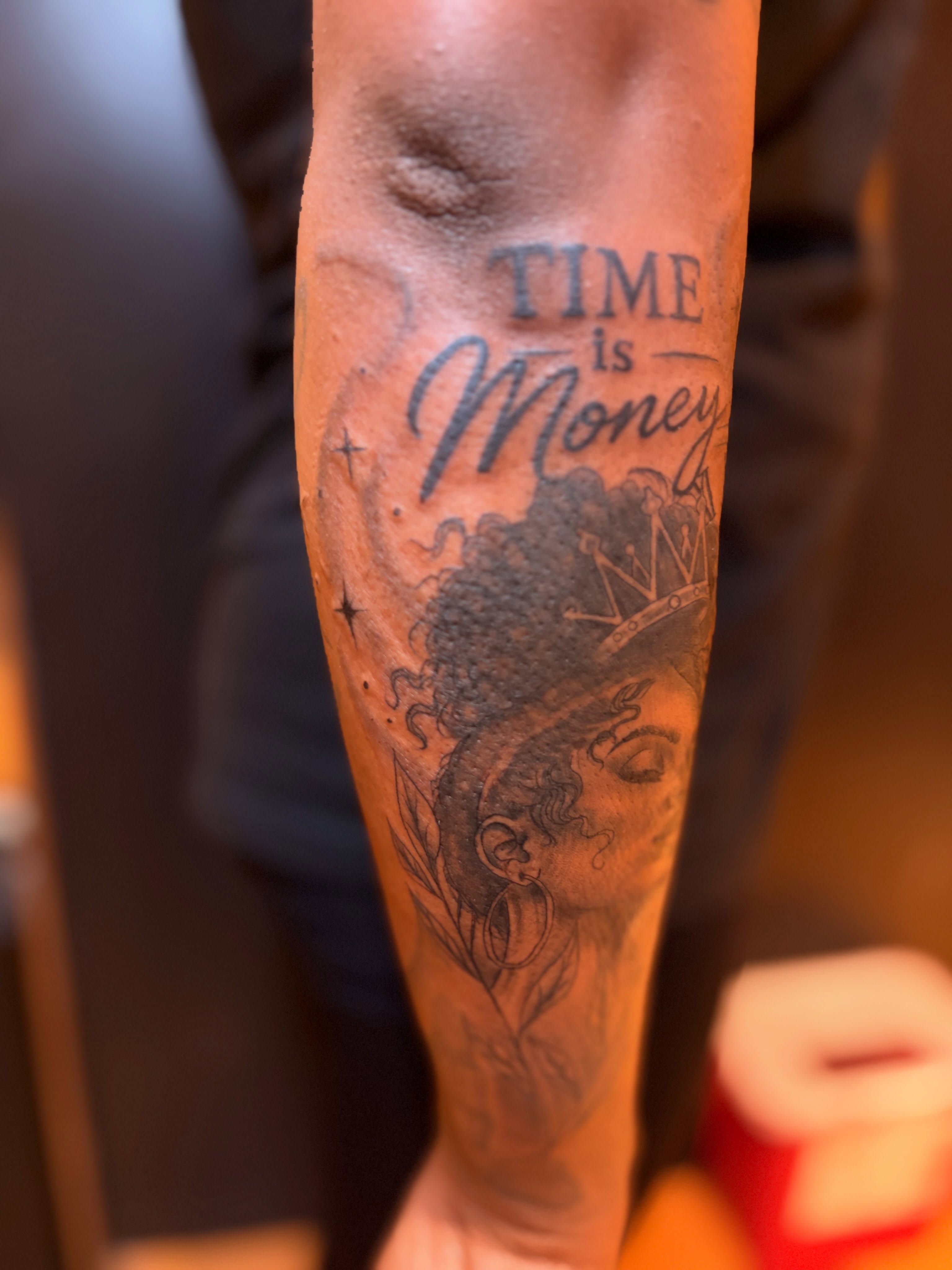 Time is money black and grey tattoo on the forearm by Inked By E, Philadelphia, Pennsylvania
