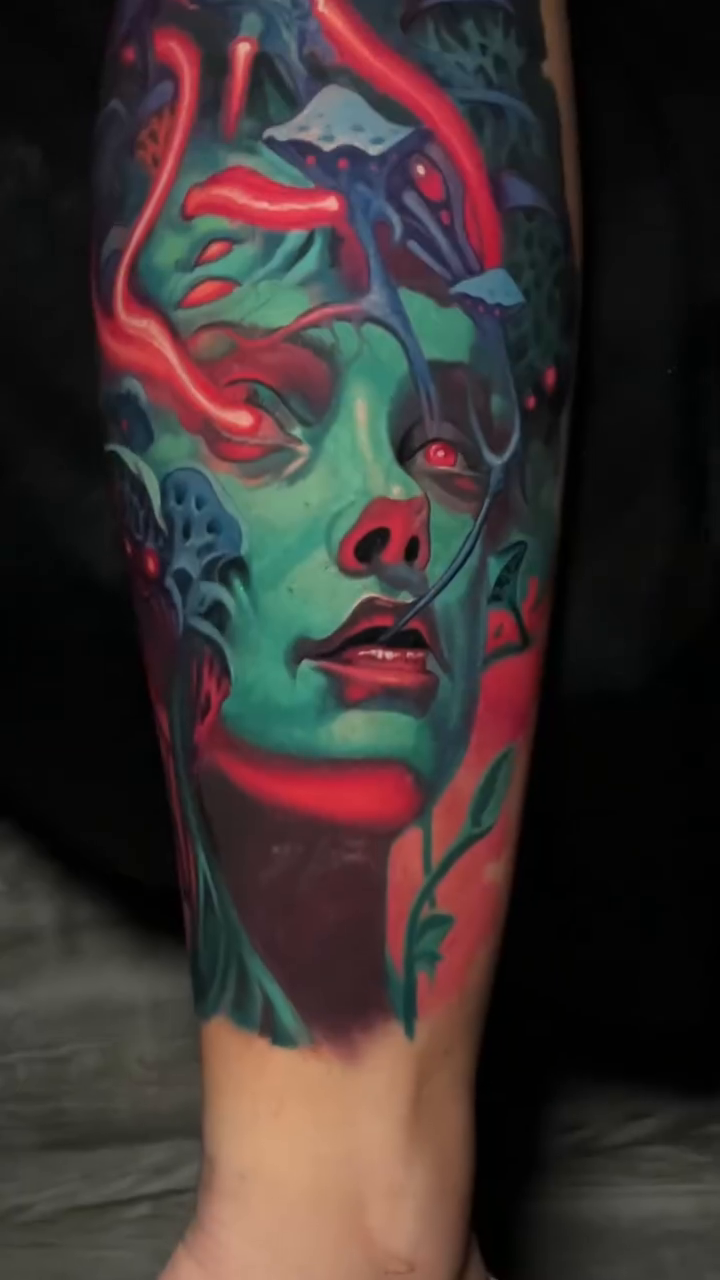 Woman with mushrooms realism tattoo by Sean Foy