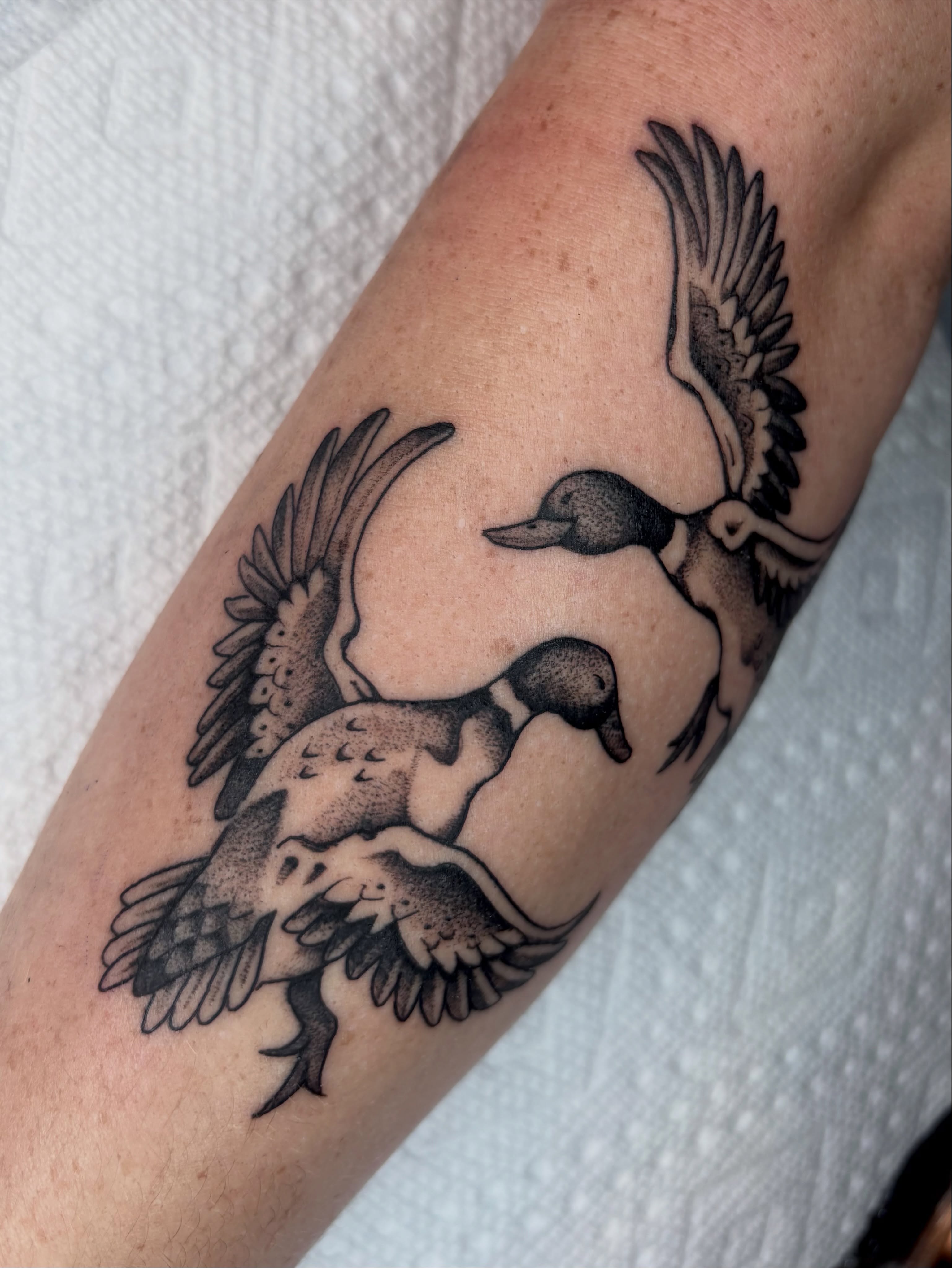 Ducks dotwork tattoo on the forearm by ✨madison✨, Portland, Oregon