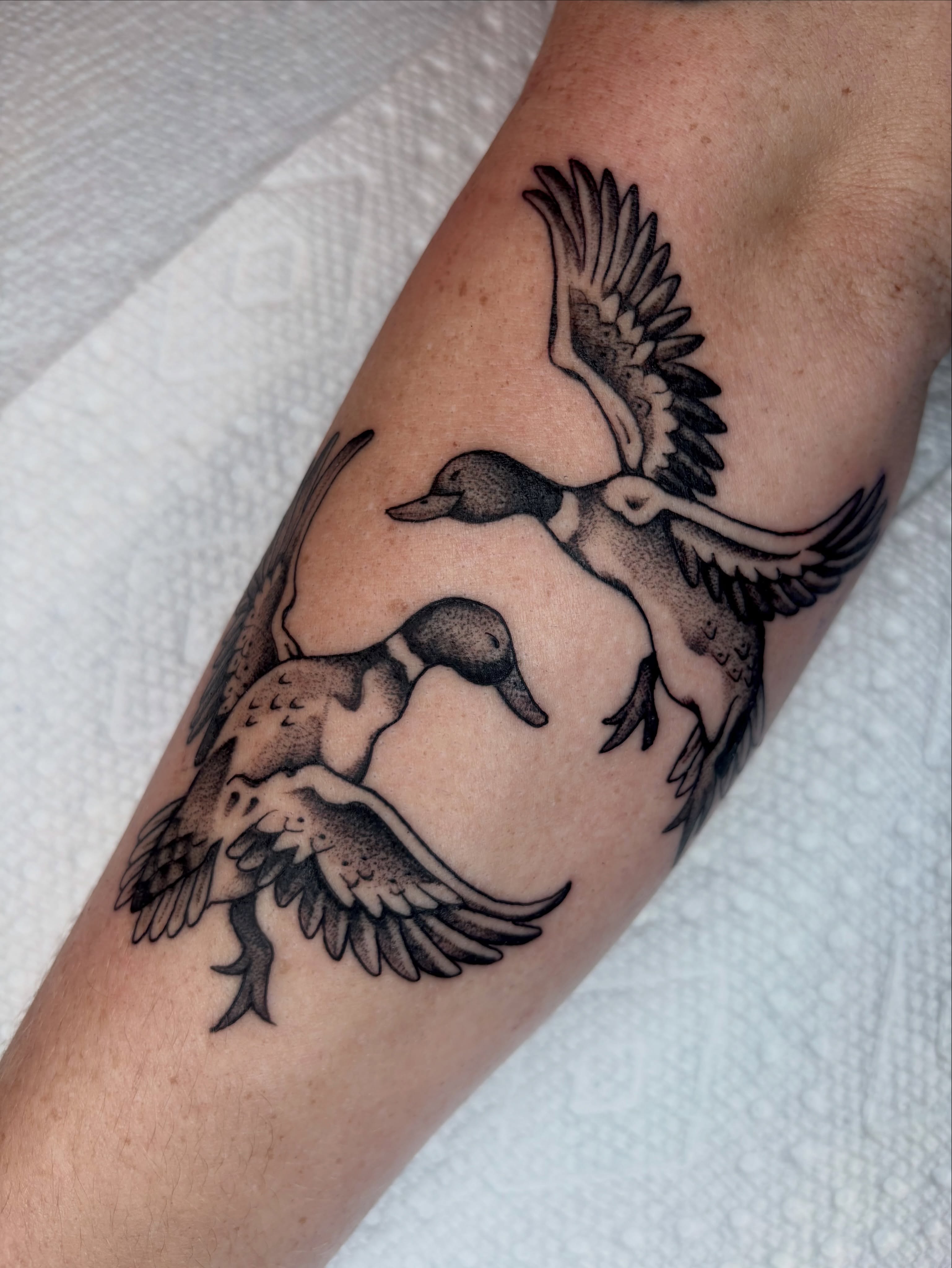 Ducks black and grey tattoo on the forearm by ✨madison✨, Portland, Oregon