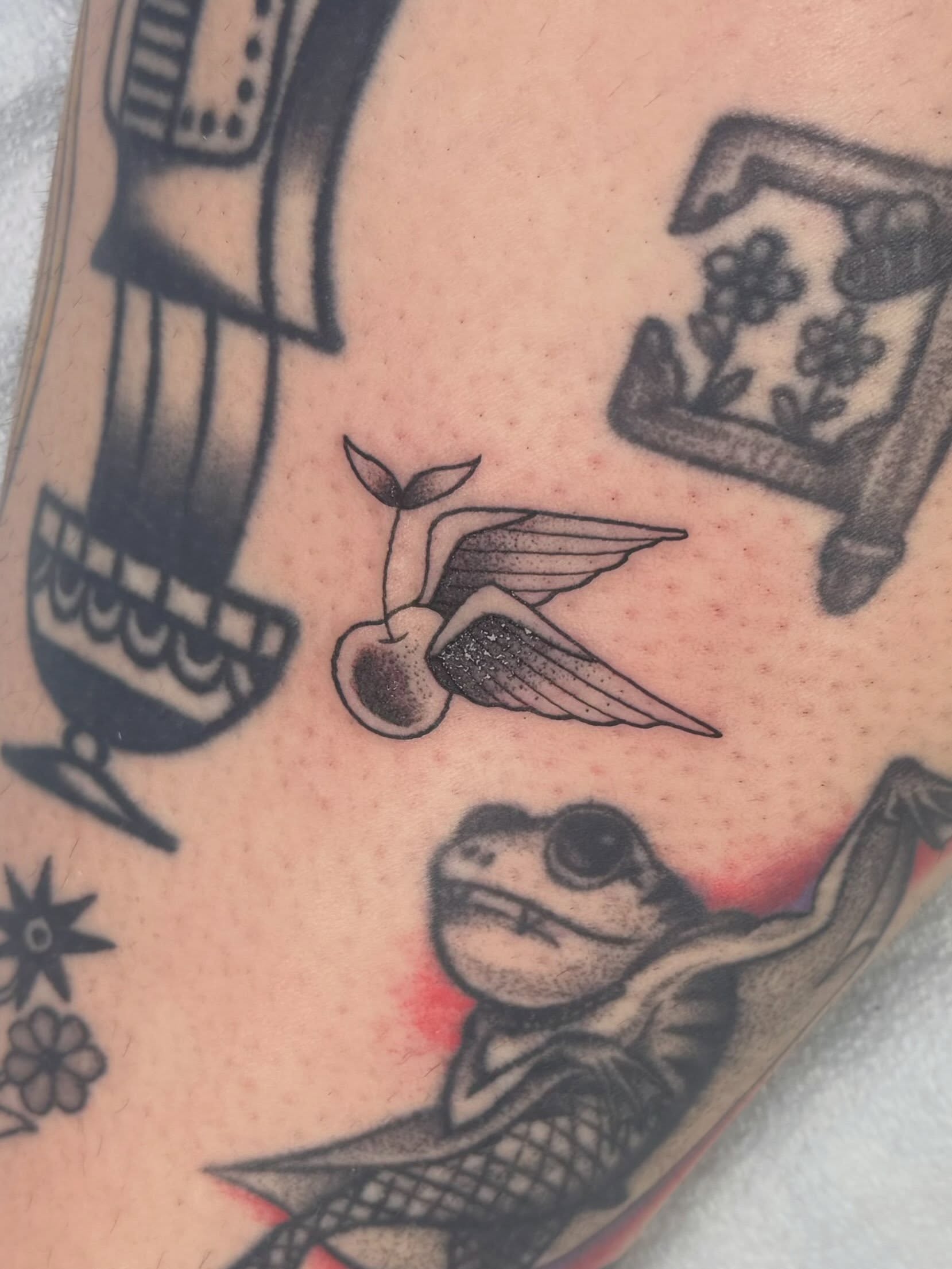 Winged cherry American traditional tattoo on the forearm by ＊jaela＊ohio tattoo artist＊