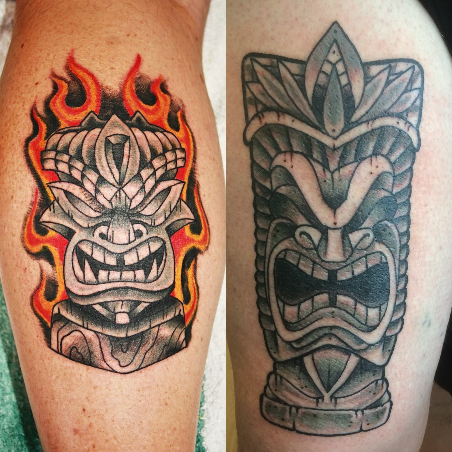 Tiki mask American traditional tattoo on the upper arm by El Kapitan