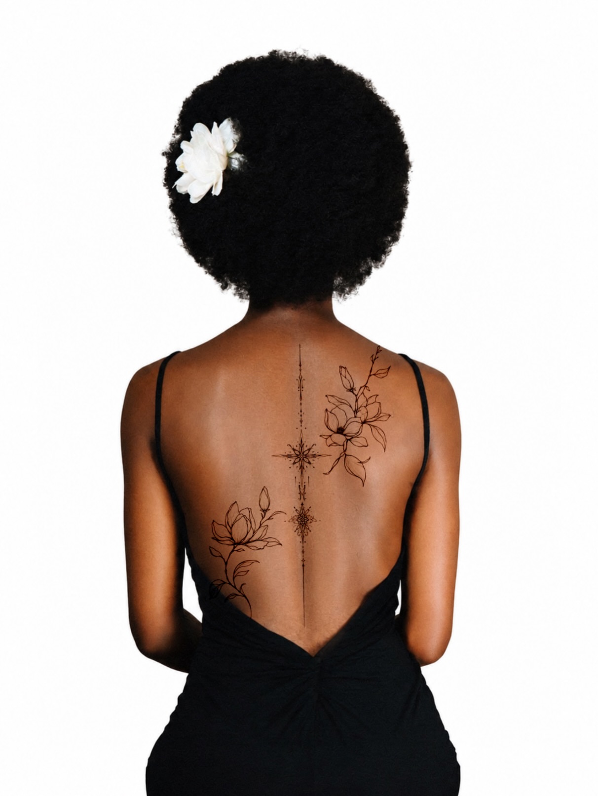 Floral design black and grey tattoo on the back by Fineline Tattoos DFW