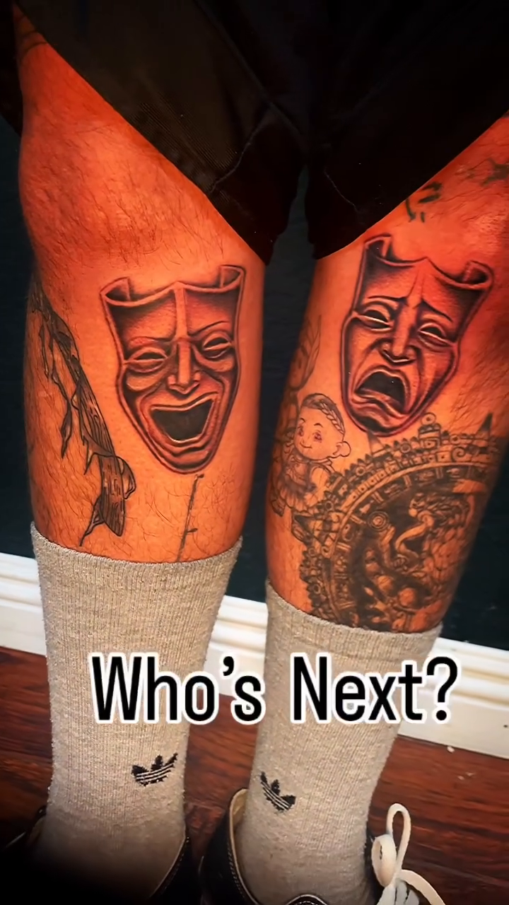 Comedy and tragedy masks realism tattoo by Cultura