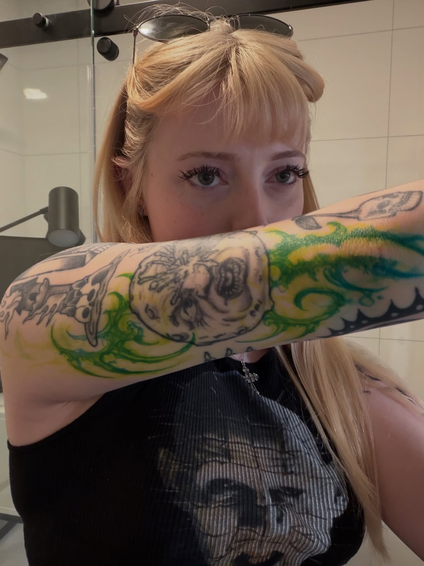 Man's face American traditional tattoo on the forearm by Maddie Blosser, Portland, Oregon