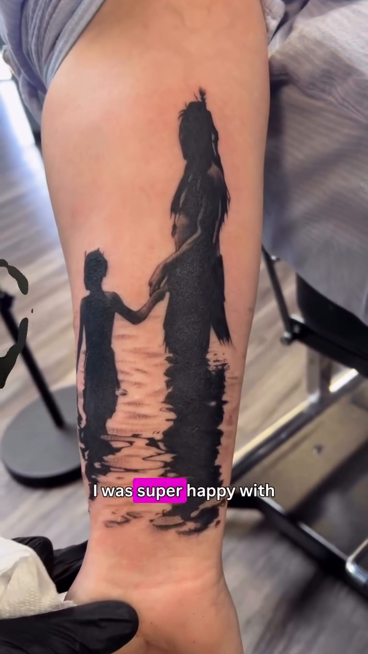Two figures walking on water fine line tattoo on the forearm by Jericho Las Vegas tattoo artist, Las Vegas, Nevada