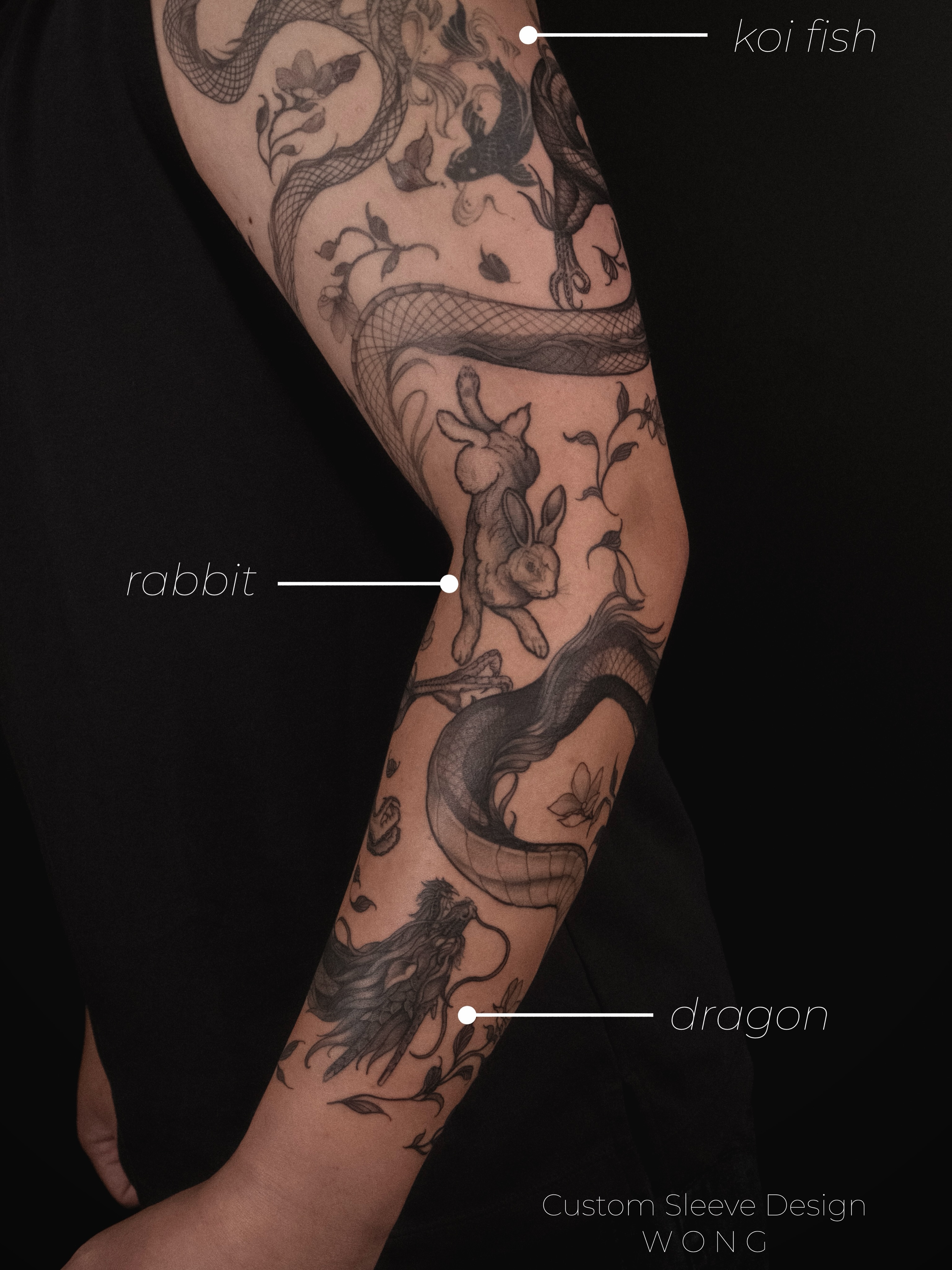 Dragon, rabbit, koi fish black and grey tattoo on the forearm by Wong Lee