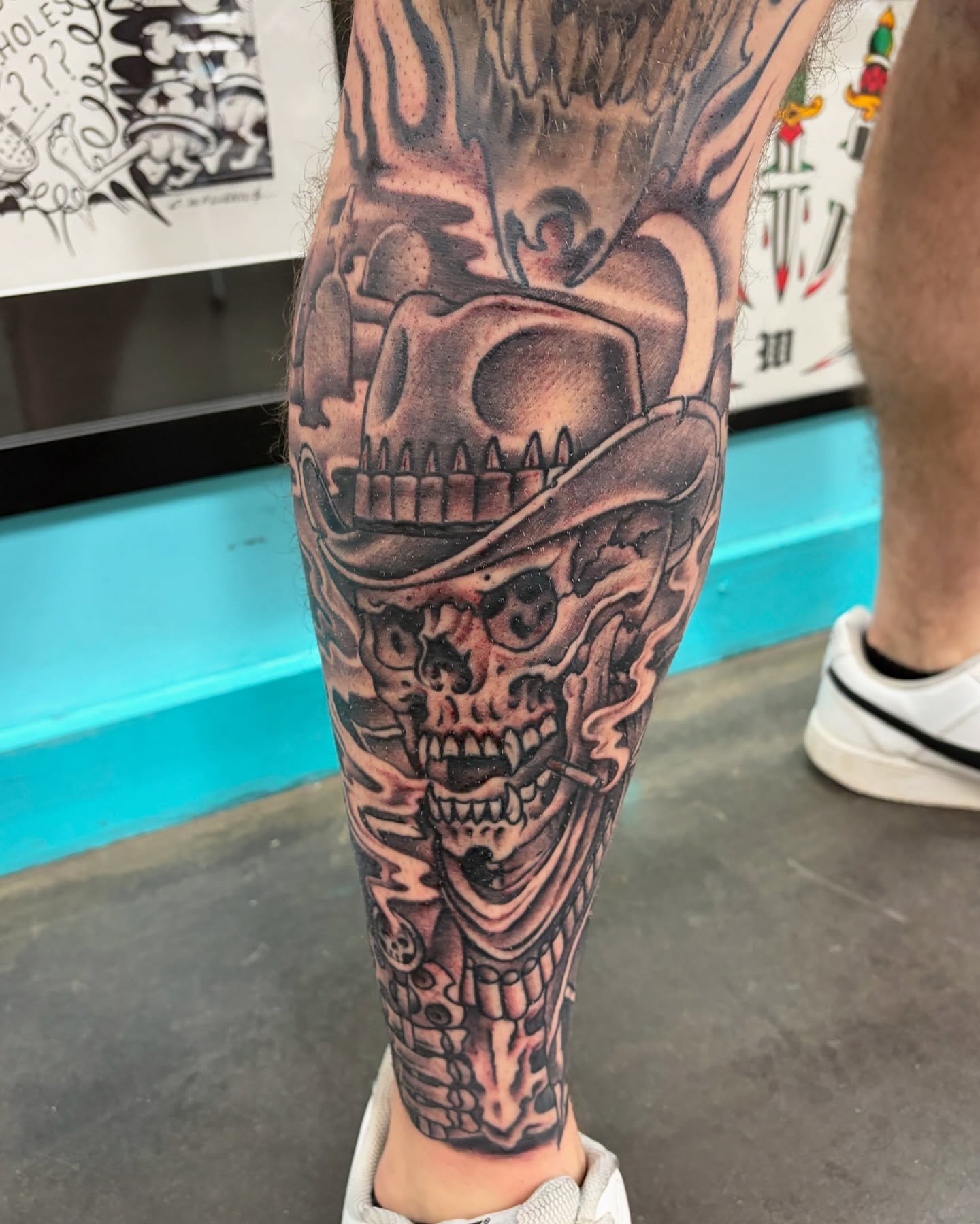 Skull wearing cowboy hat realism tattoo on the forearm by Cody Wallenius, Merrillville, Indiana